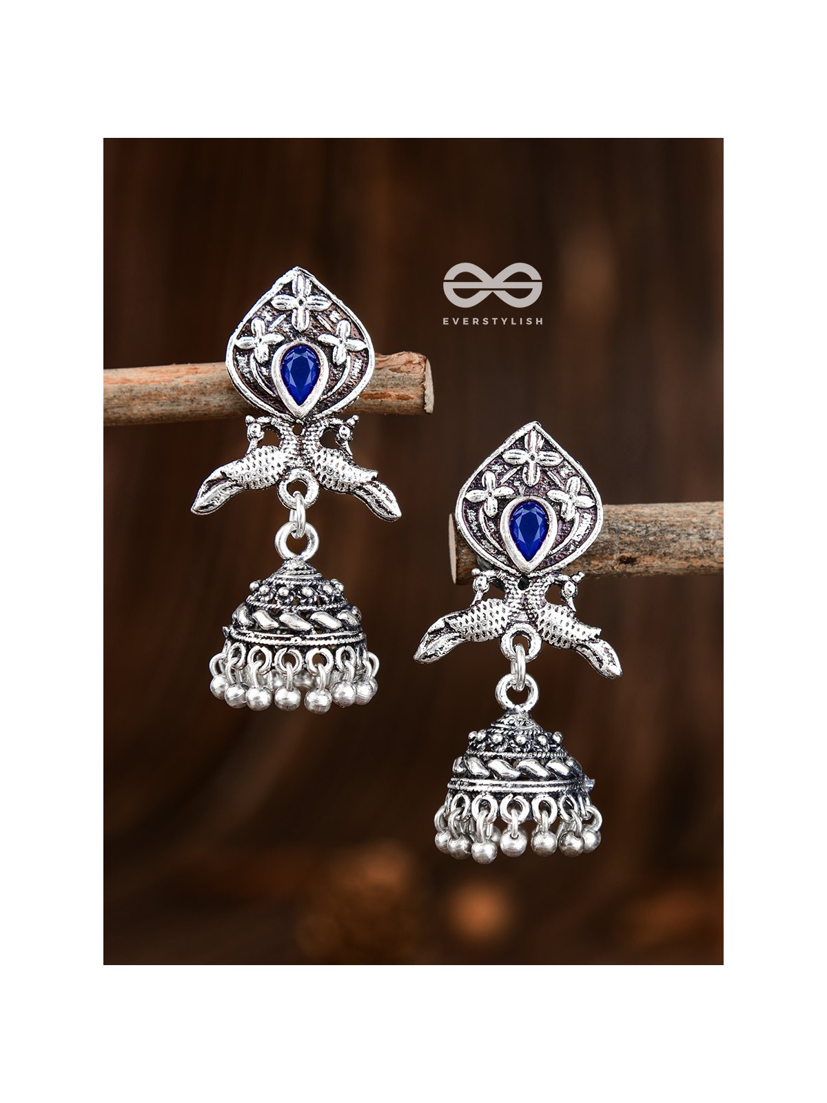 The Twin Peacock Artwork Jhumkis (Sapphire Blue) - Embellished Oxidised Collection