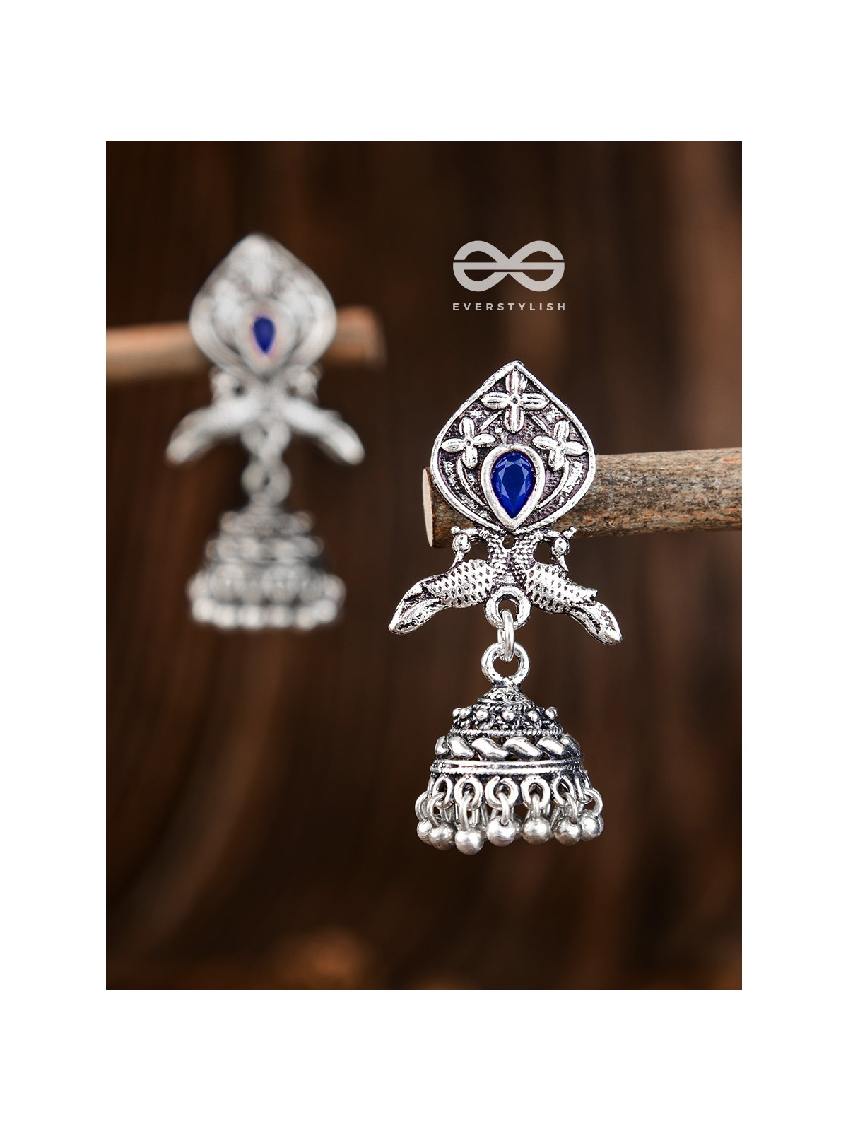 The Twin Peacock Artwork Jhumkis (Sapphire Blue) - Embellished Oxidised Collection