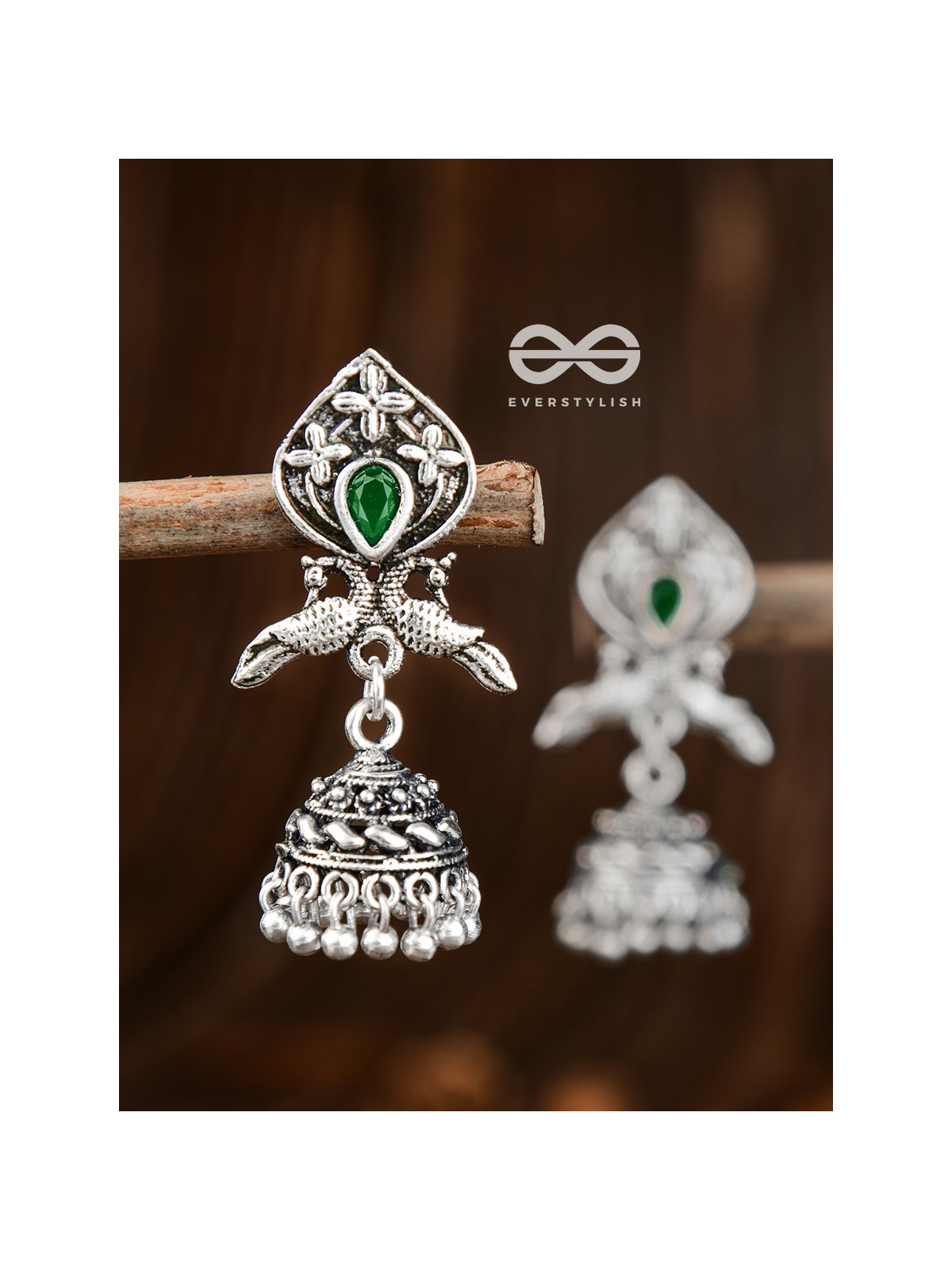 The Twin Peacock Artwork Jhumkis (Emerald Green) - Embellished Oxidised Collection