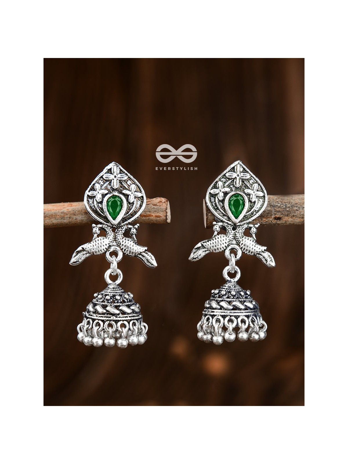The Twin Peacock Artwork Jhumkis (Emerald Green) - Embellished Oxidised Collection