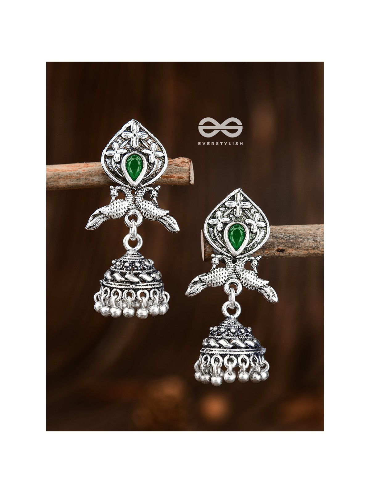 The Twin Peacock Artwork Jhumkis (Emerald Green) - Embellished Oxidised Collection