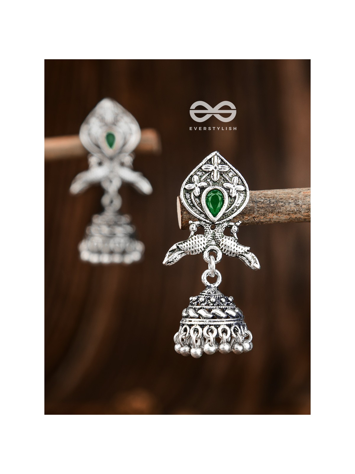 The Twin Peacock Artwork Jhumkis (Emerald Green) - Embellished Oxidised Collection