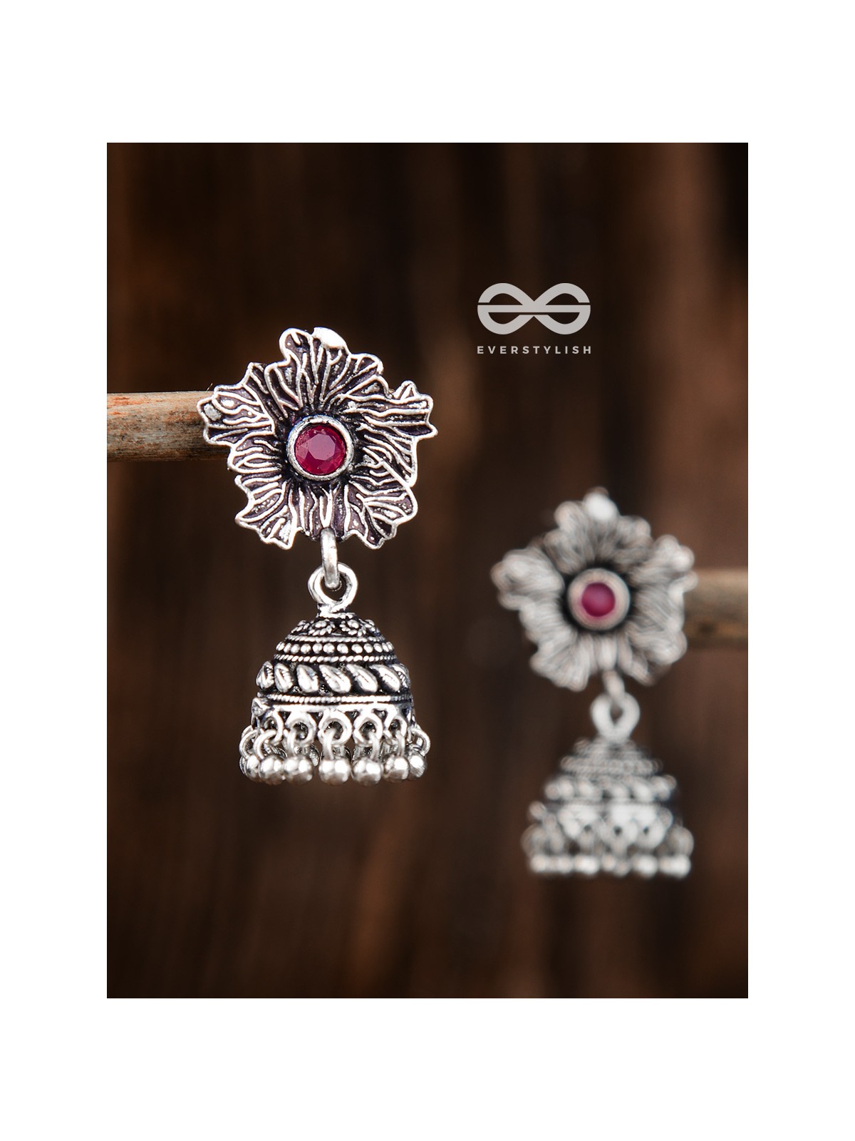 The Artsy Floral Jhumkis (Ruby Red) - Embellished Oxidised Collection