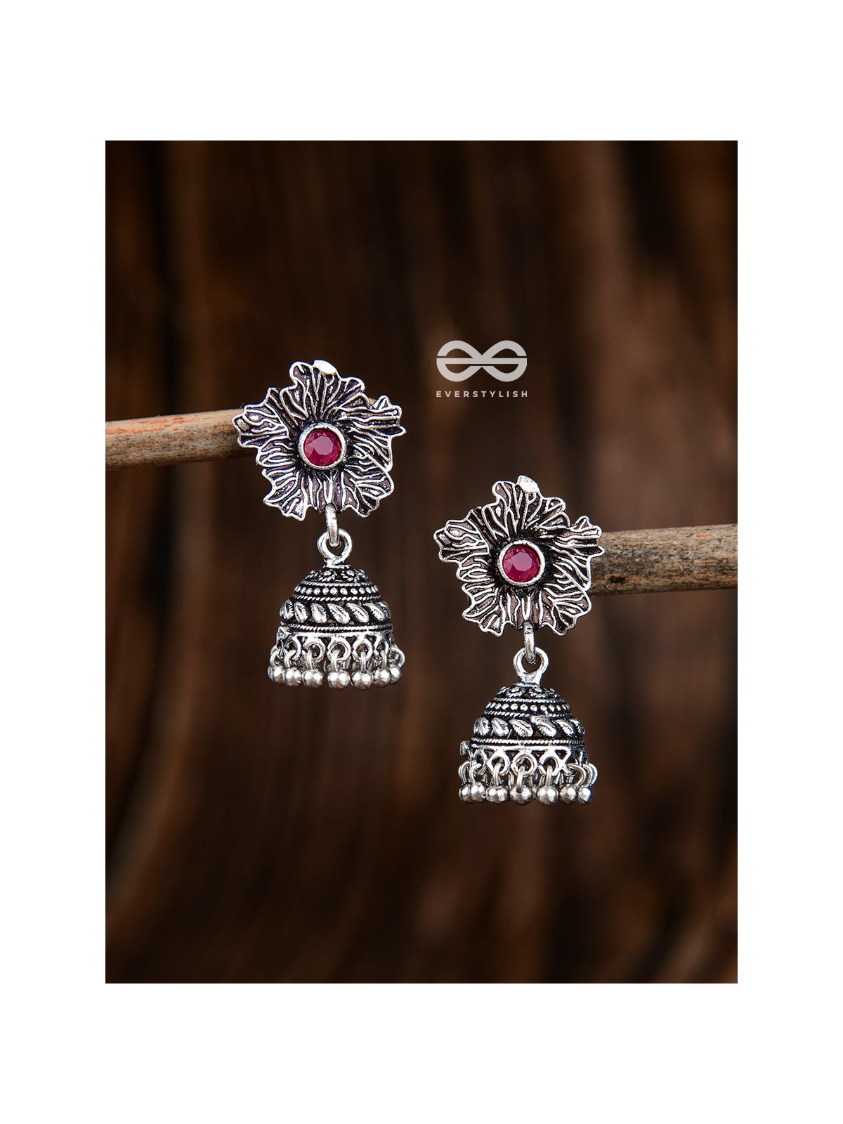 The Artsy Floral Jhumkis (Ruby Red) - Embellished Oxidised Collection