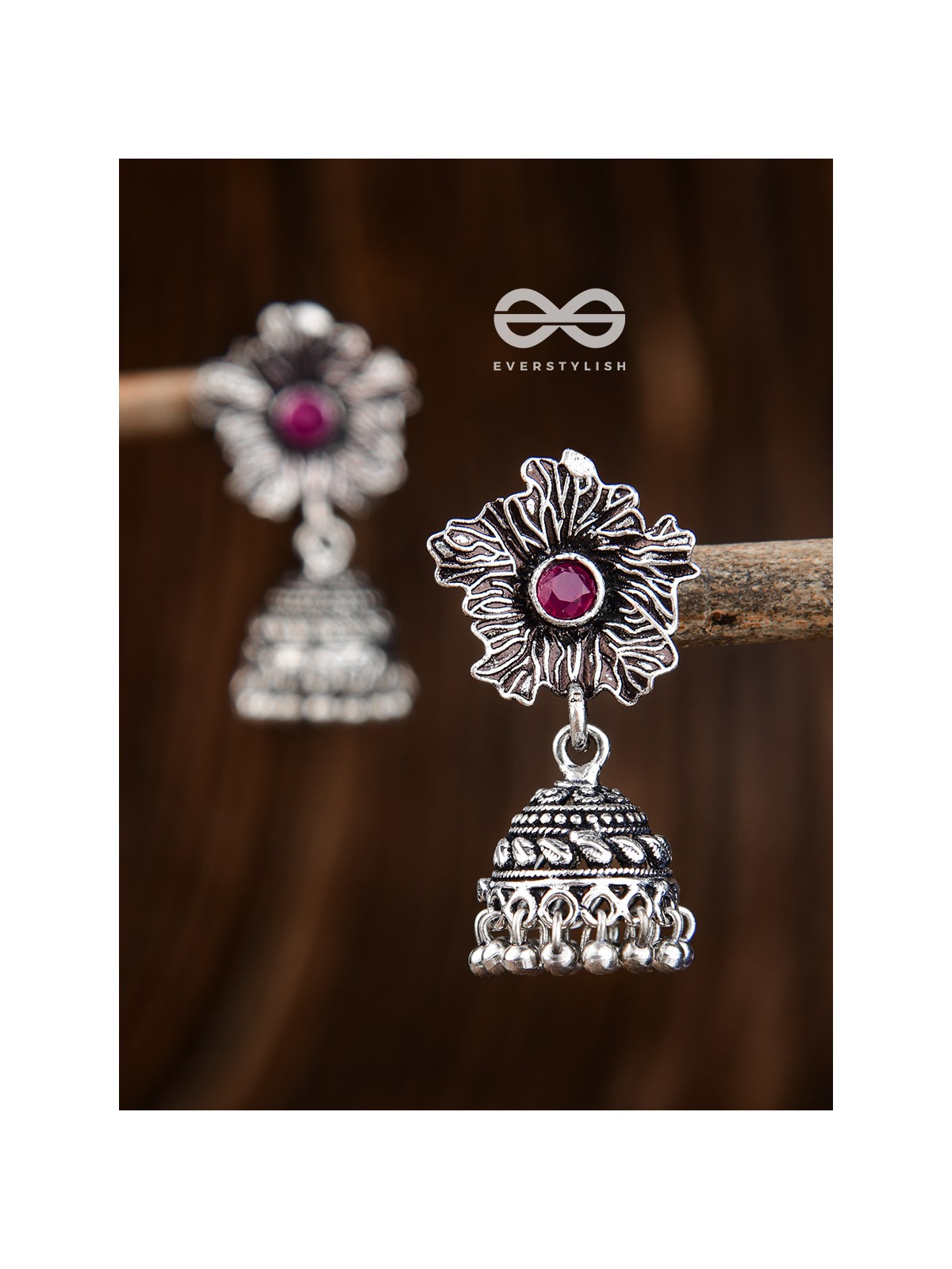 The Artsy Floral Jhumkis (Ruby Red) - Embellished Oxidised Collection