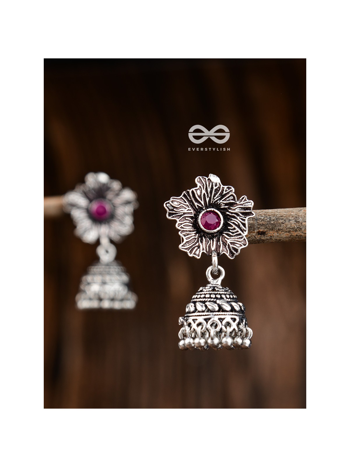 The Artsy Floral Jhumkis (Ruby Red) - Embellished Oxidised Collection