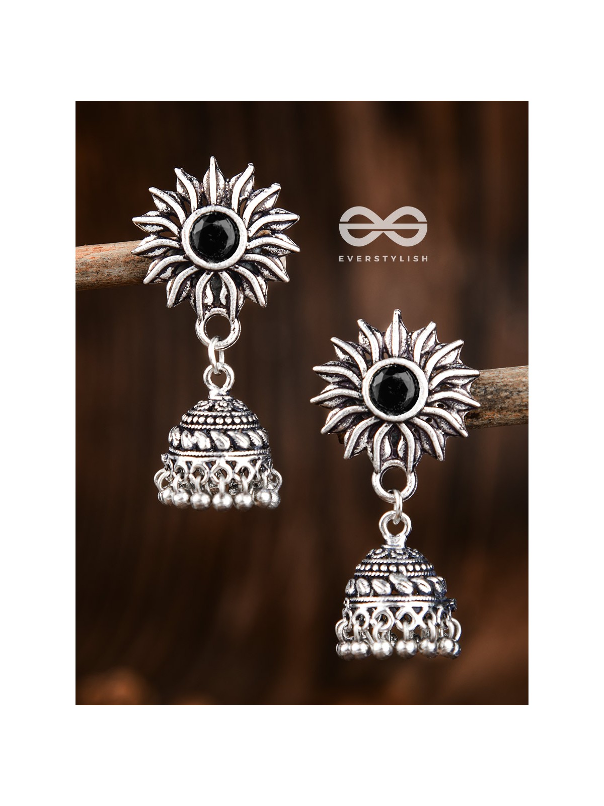 The Artistic Sun Jhumkis (Onyx Black) - Embellished Oxidised Collection
