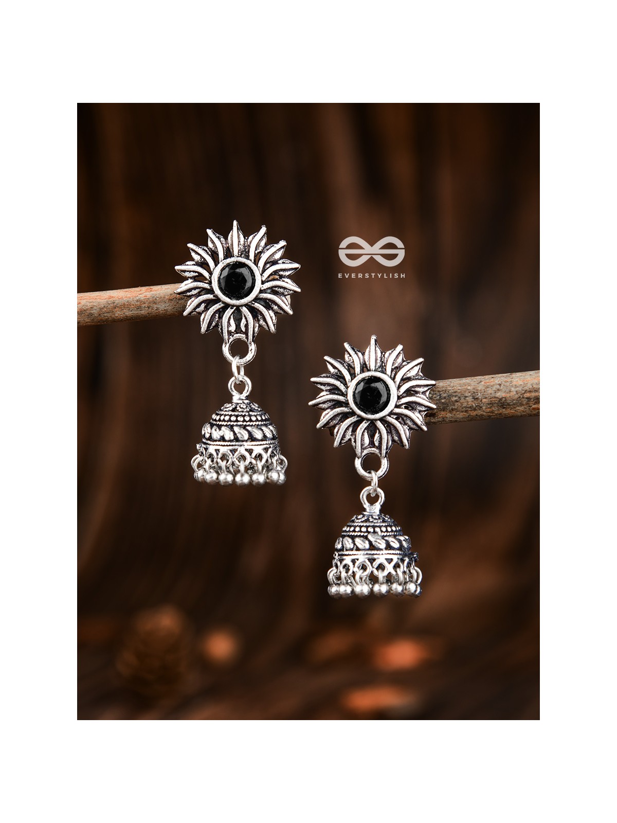 The Artistic Sun Jhumkis (Onyx Black) - Embellished Oxidised Collection