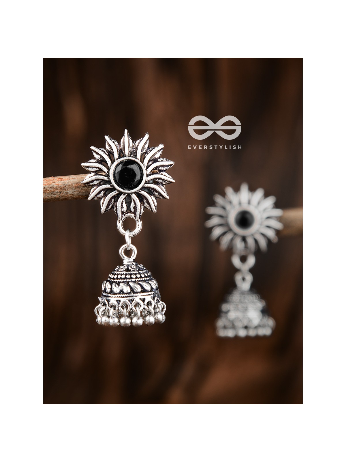 The Artistic Sun Jhumkis (Onyx Black) - Embellished Oxidised Collection