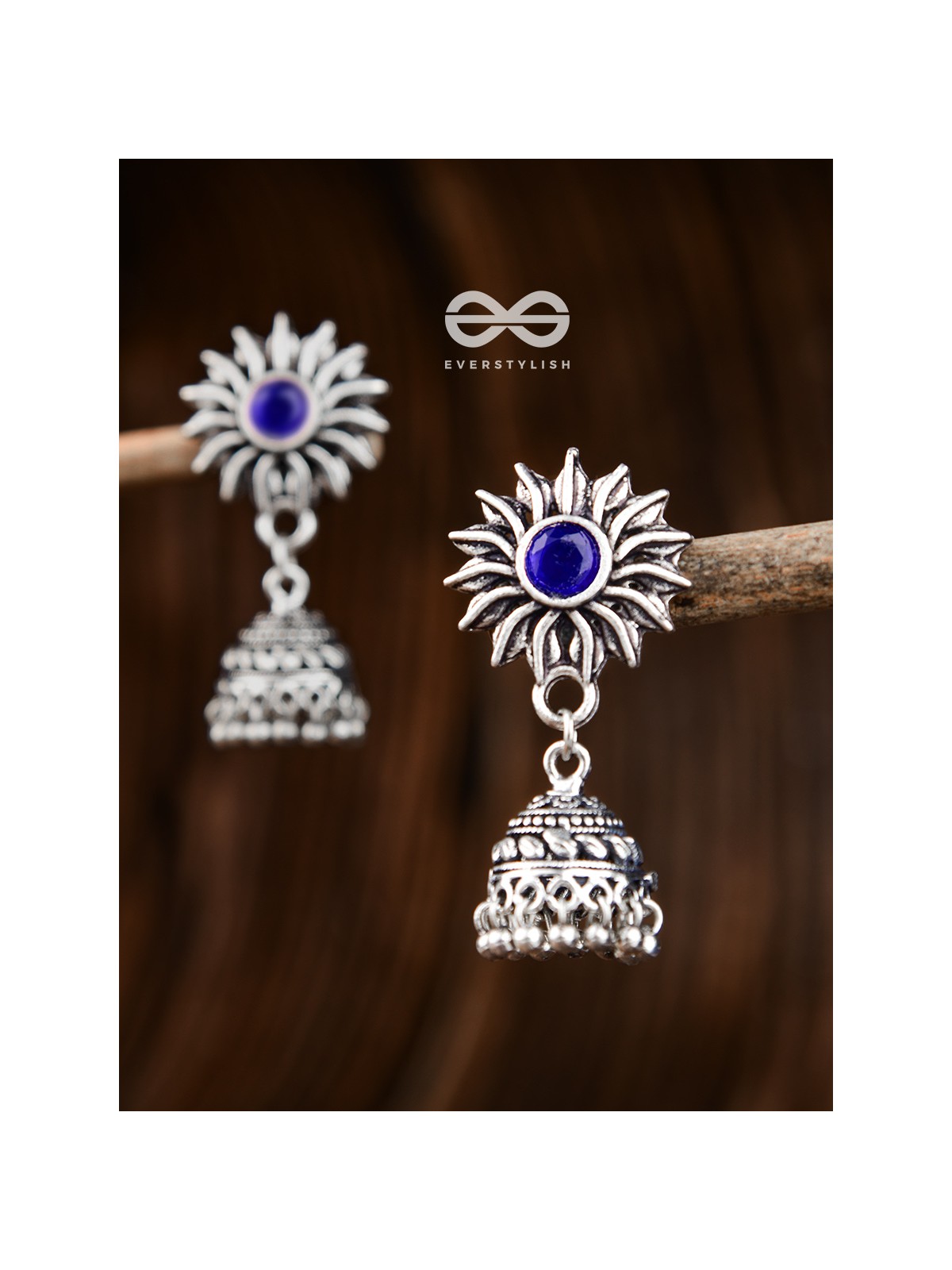 The Artsy Floral Jhumkis (Sapphire Blue) - Embellished Oxidised Collection