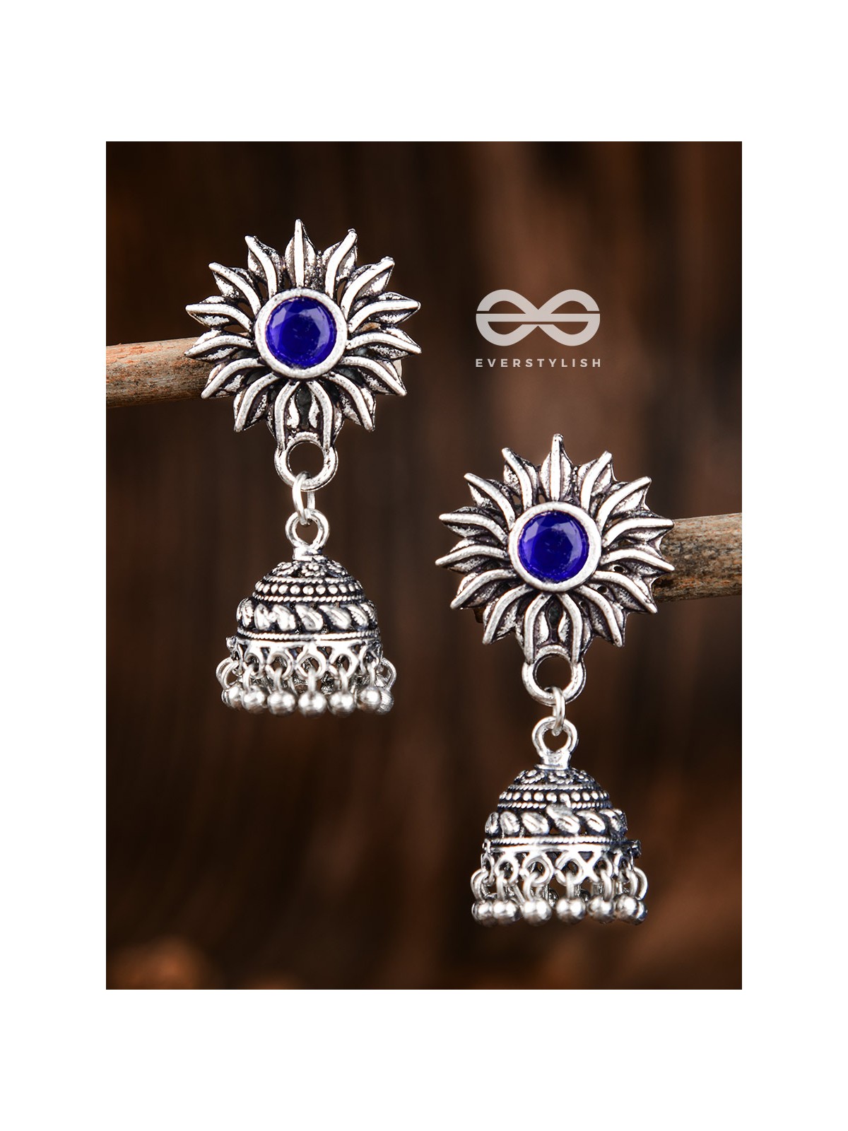 The Artsy Floral Jhumkis (Sapphire Blue) - Embellished Oxidised Collection