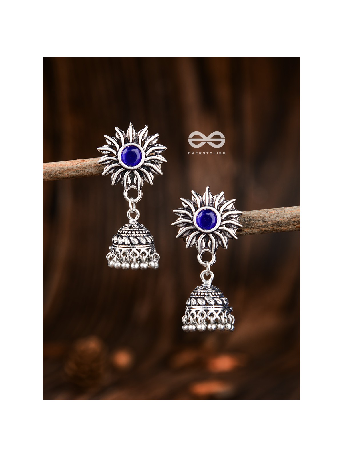 The Artsy Floral Jhumkis (Sapphire Blue) - Embellished Oxidised Collection