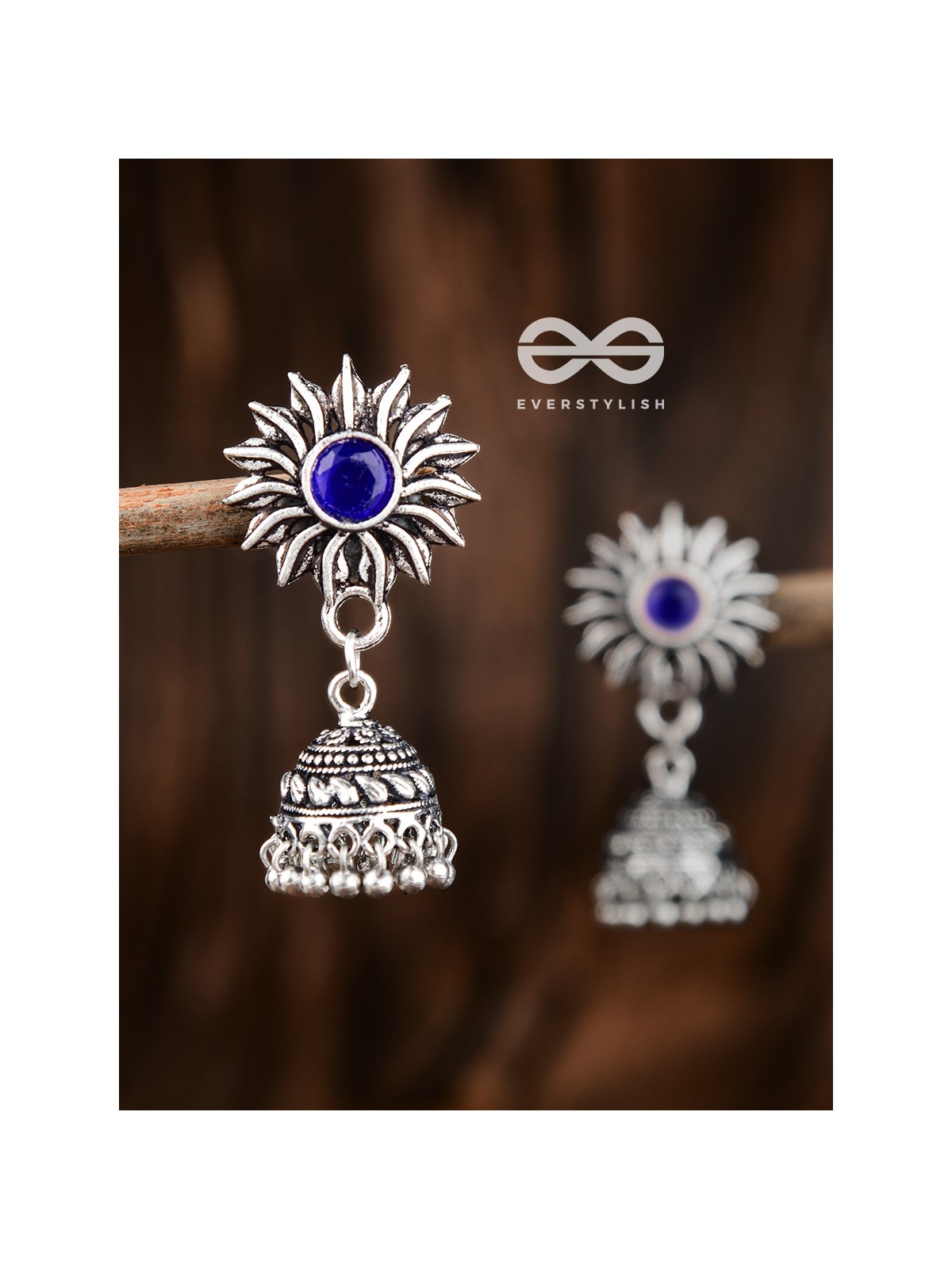 The Artsy Floral Jhumkis (Sapphire Blue) - Embellished Oxidised Collection