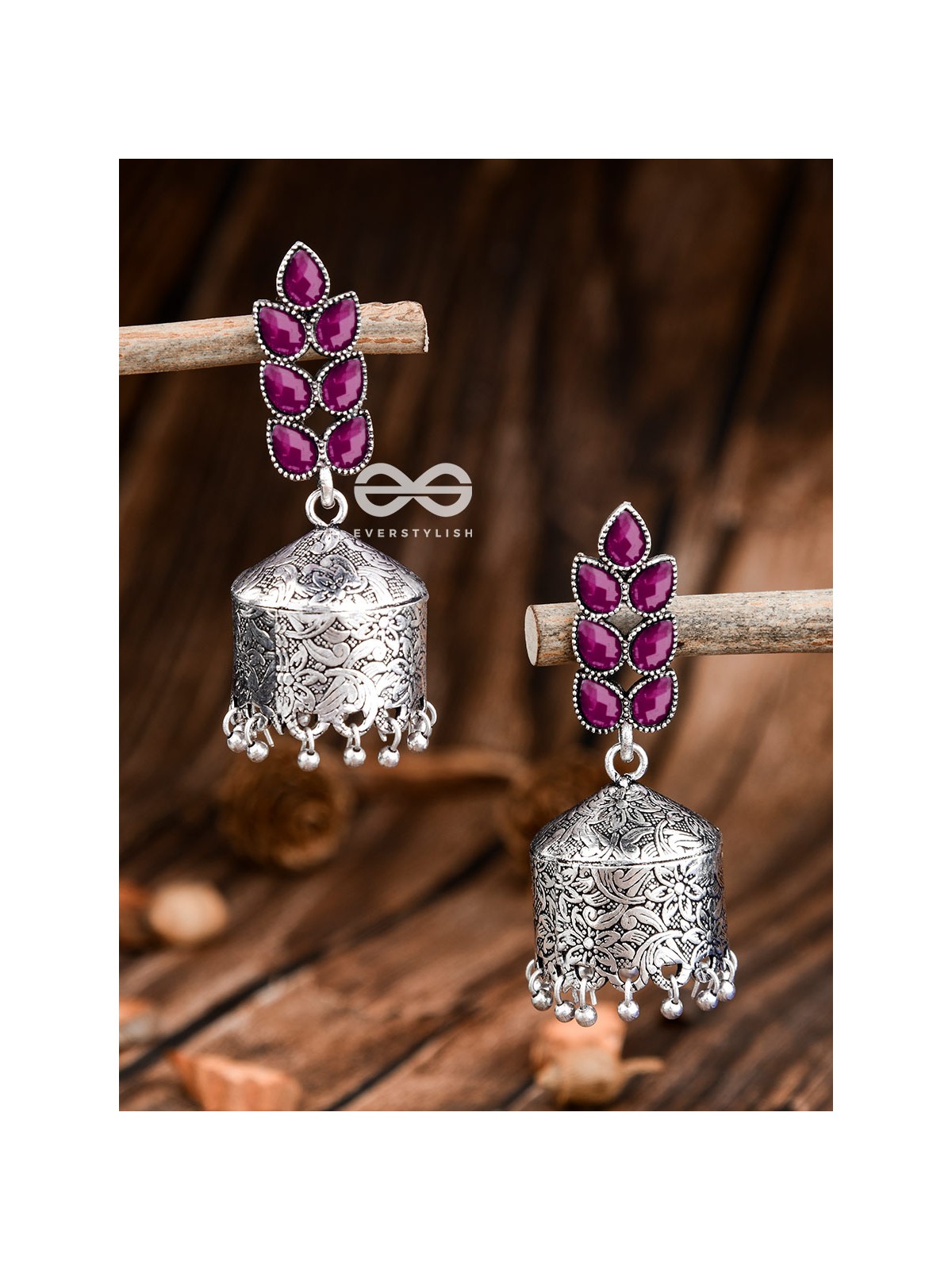 The Olive Branch Intricate Drum Jhumkis - Ruby Red- The Embellished Oxidised Collection