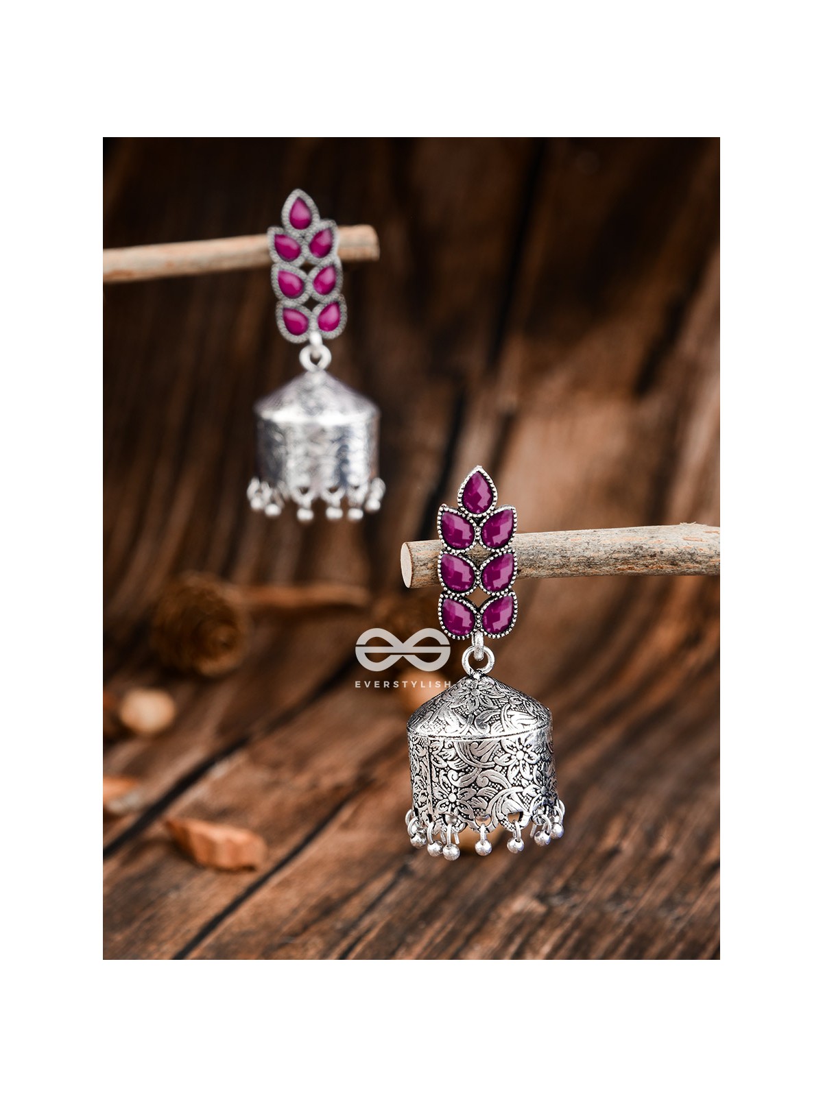 The Olive Branch Intricate Drum Jhumkis - Ruby Red- The Embellished Oxidised Collection