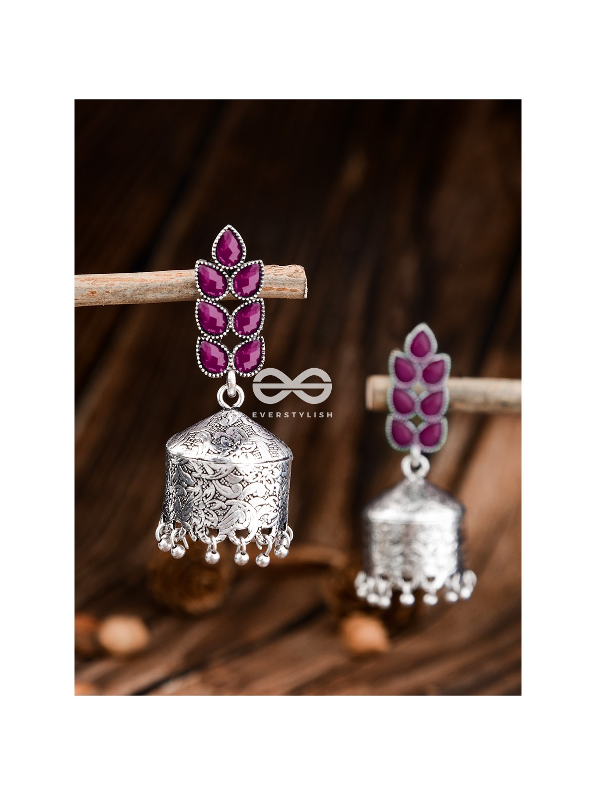 The Olive Branch Intricate Drum Jhumkis - Ruby Red- The Embellished Oxidised Collection