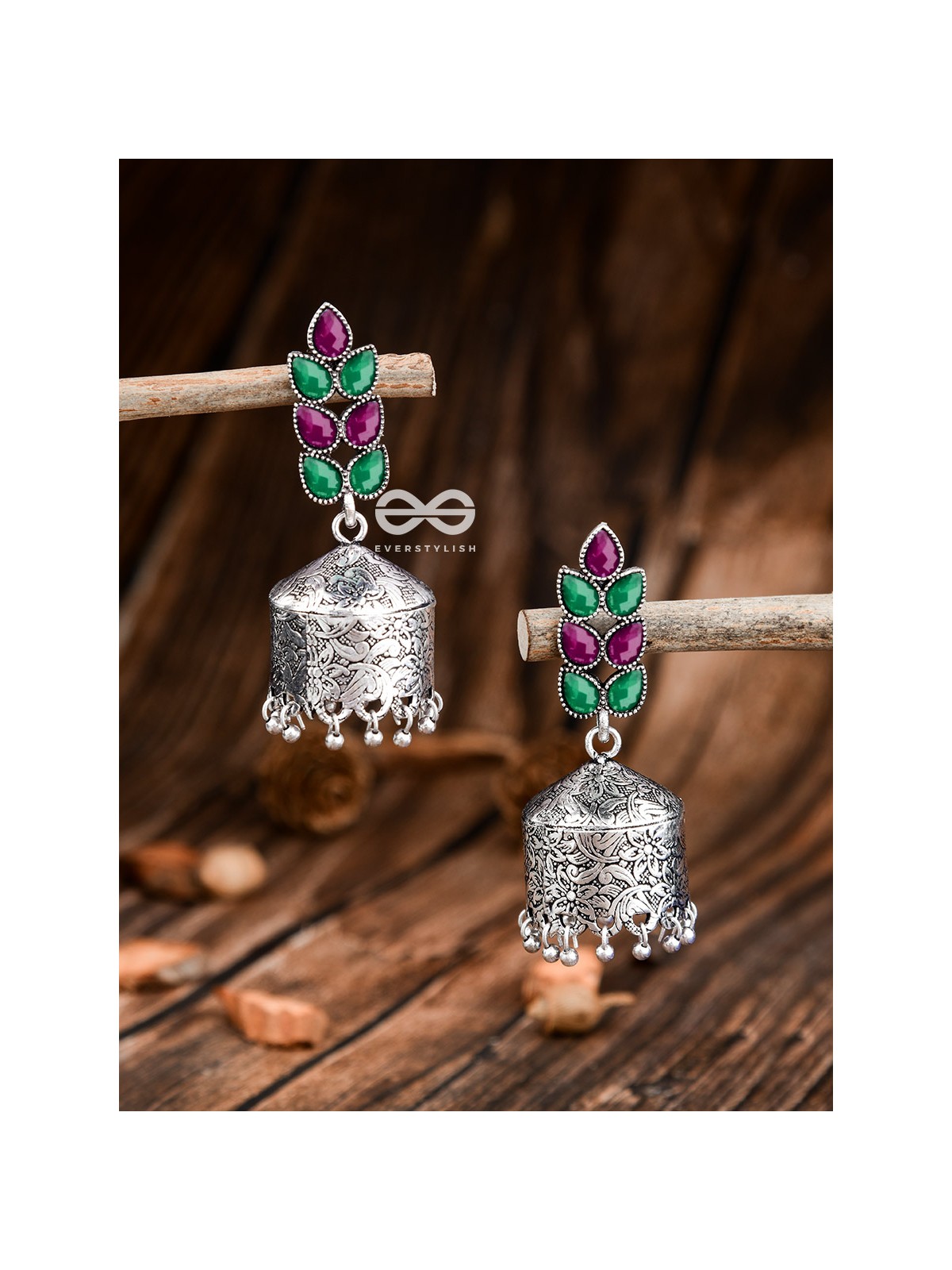 The Olive Branch Intricate Drum Jhumkis - Emerald and Ruby - The Embellished Oxidised Collection