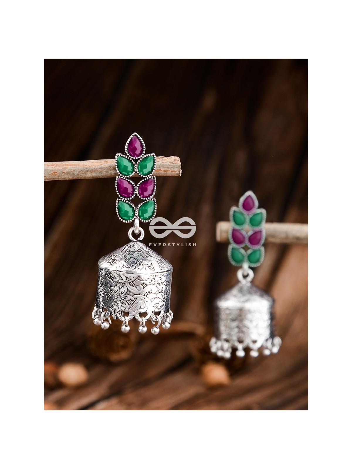 The Olive Branch Intricate Drum Jhumkis - Emerald and Ruby - The Embellished Oxidised Collection