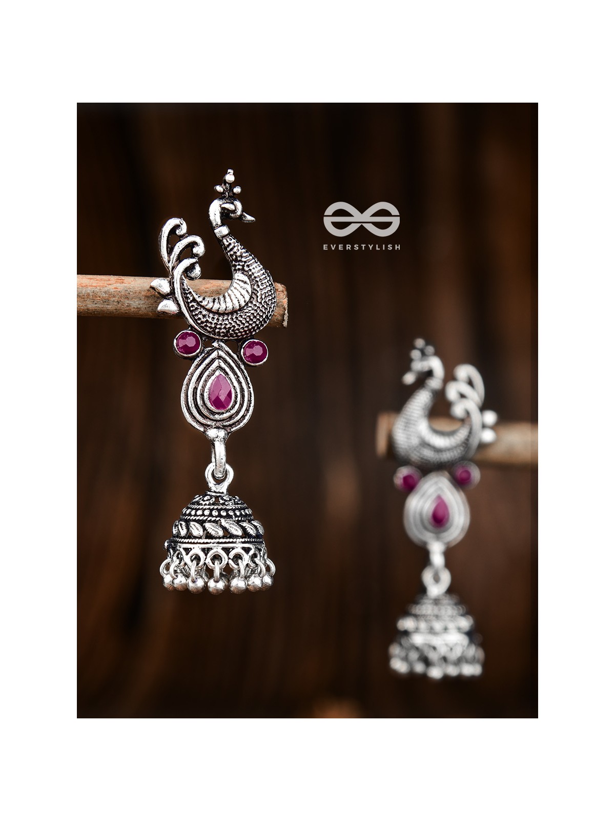 The Dangling Peacock Jhumkis (Ruby Red) - The Embellished Oxidised Collection