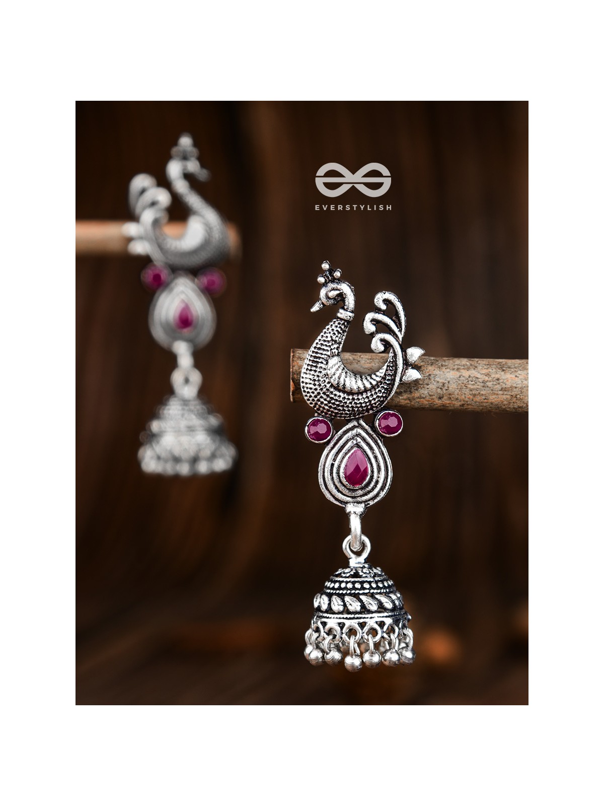 The Dangling Peacock Jhumkis (Ruby Red) - The Embellished Oxidised Collection