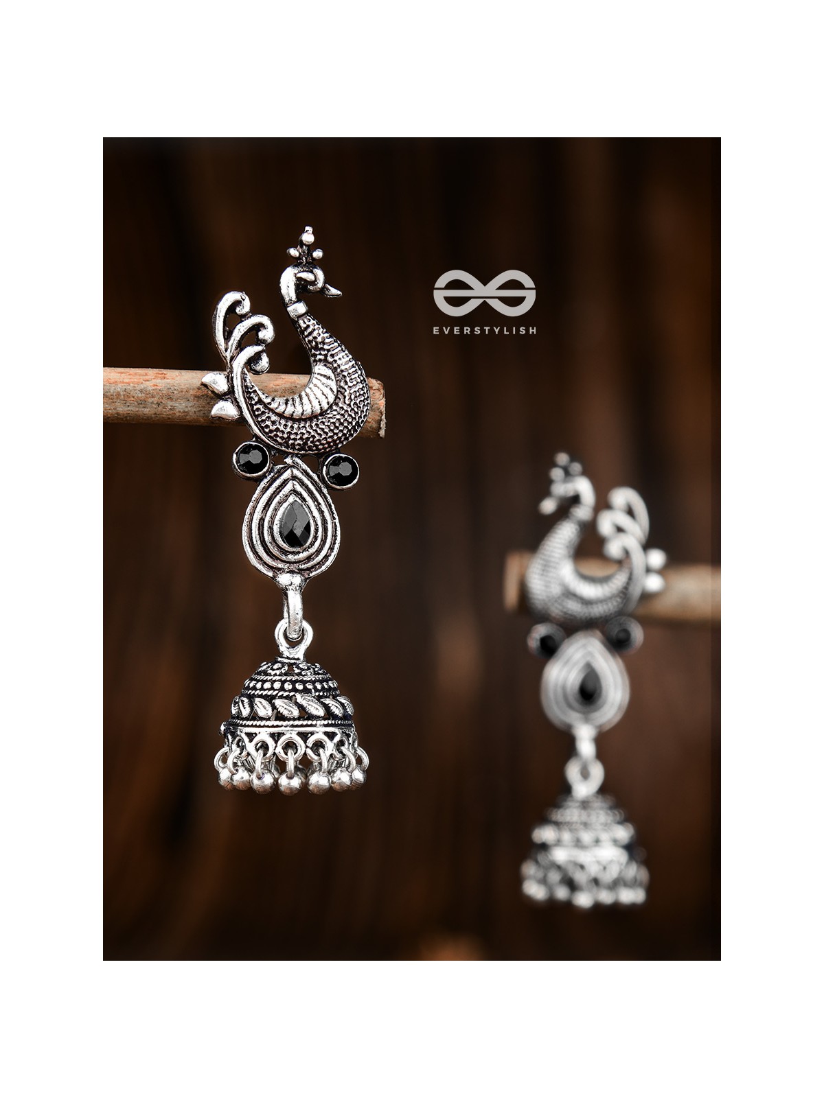 The Dangling Peacock Jhumkis - The Embellished Oxidised Collection