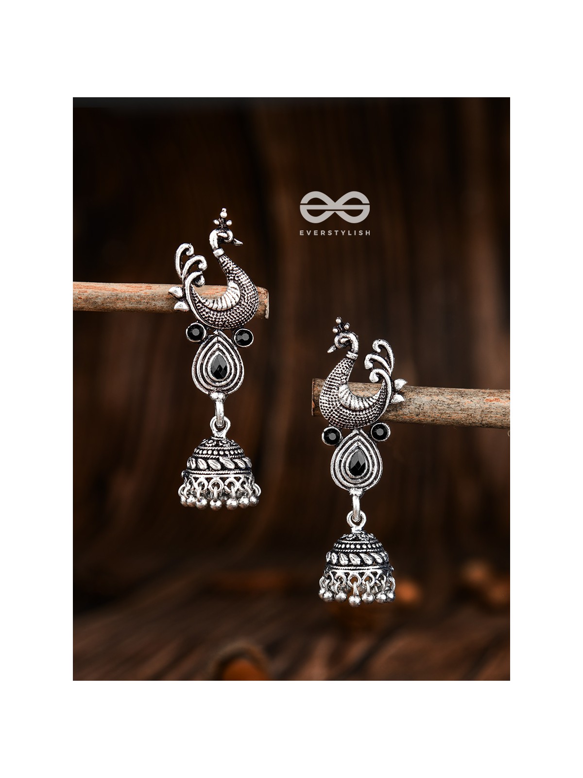 The Dangling Peacock Jhumkis - The Embellished Oxidised Collection