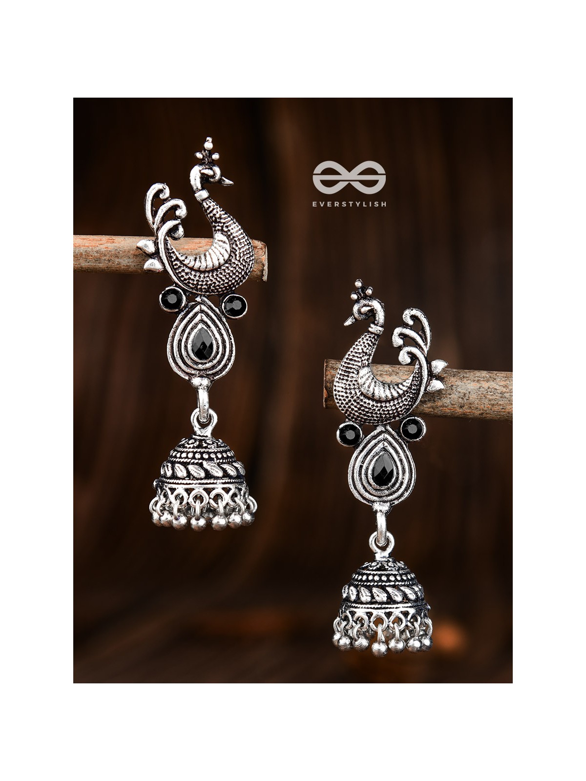 The Dangling Peacock Jhumkis - The Embellished Oxidised Collection