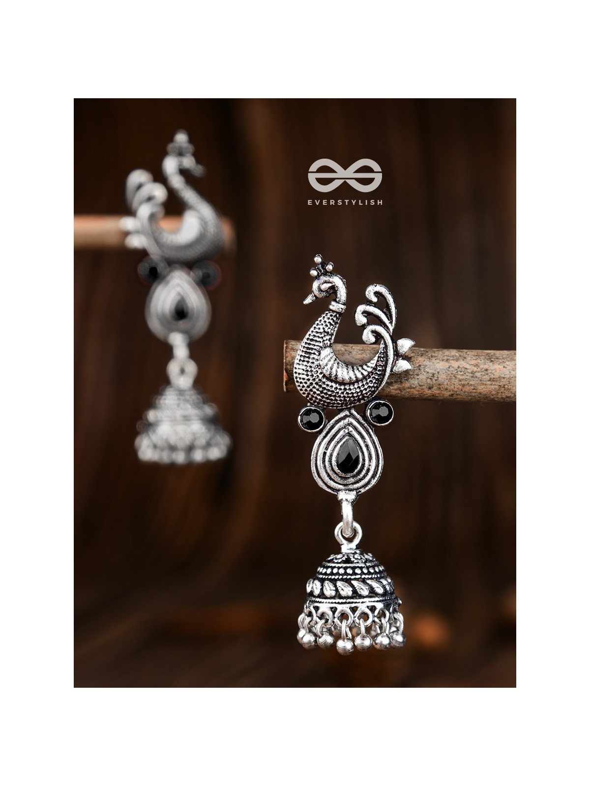 The Dangling Peacock Jhumkis - The Embellished Oxidised Collection