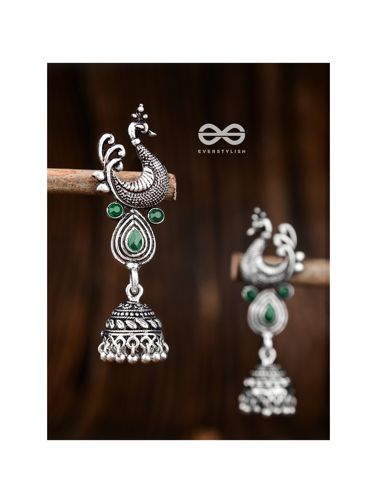 The Dangling Peacock Jhumkis (Emerald Green) - The Embellished Oxidised Collection