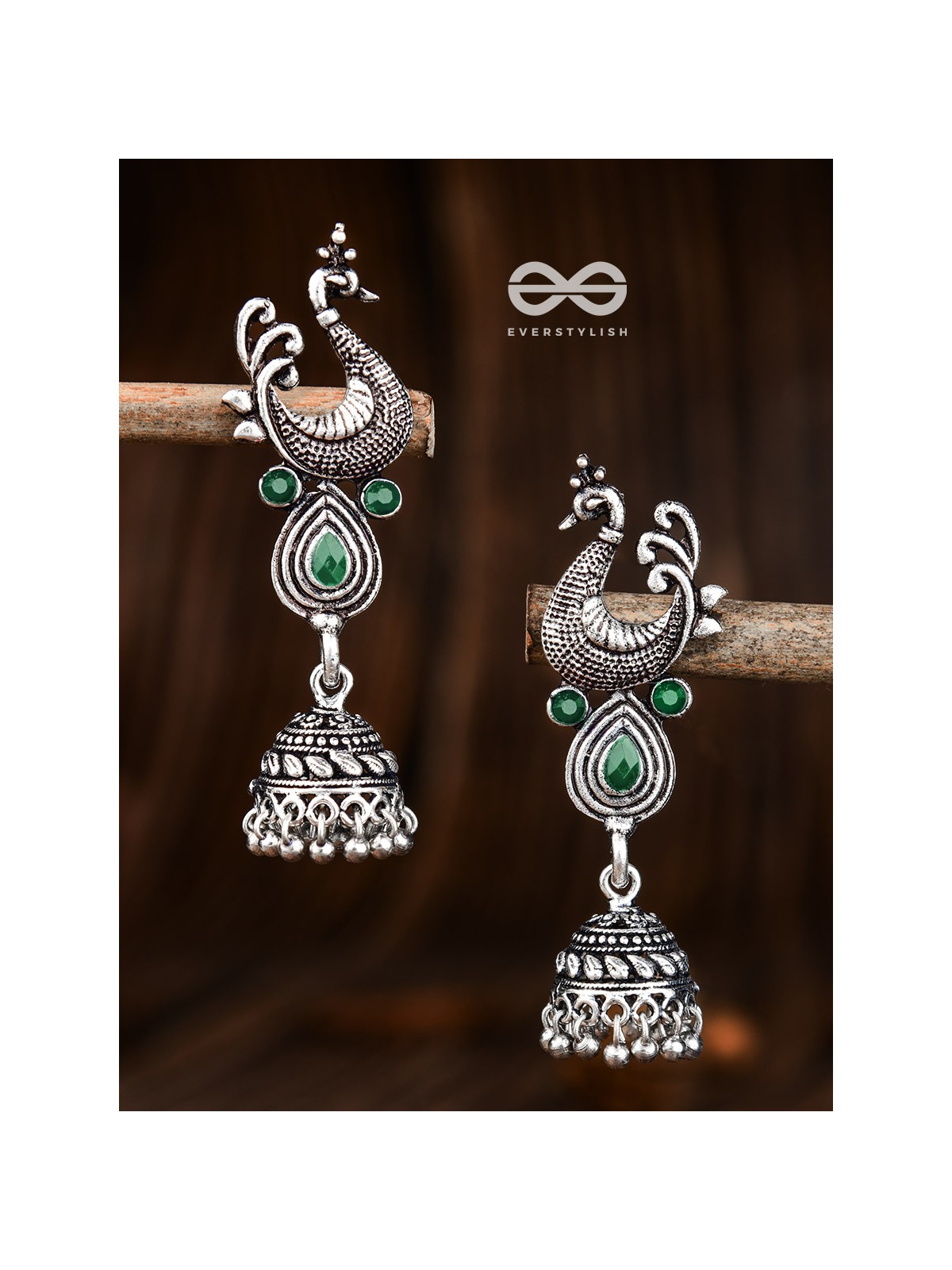 The Dangling Peacock Jhumkis (Emerald Green) - The Embellished Oxidised Collection