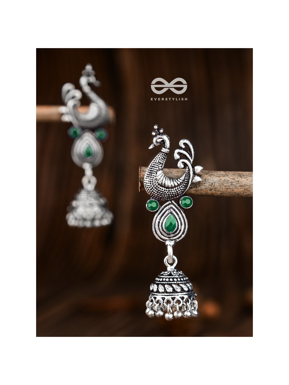 The Dangling Peacock Jhumkis (Emerald Green) - The Embellished Oxidised Collection
