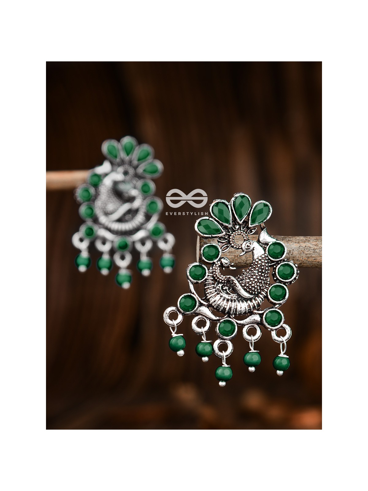 The Dangling Peacock Studs (Emerald Green) - Embellished Oxidised Collection