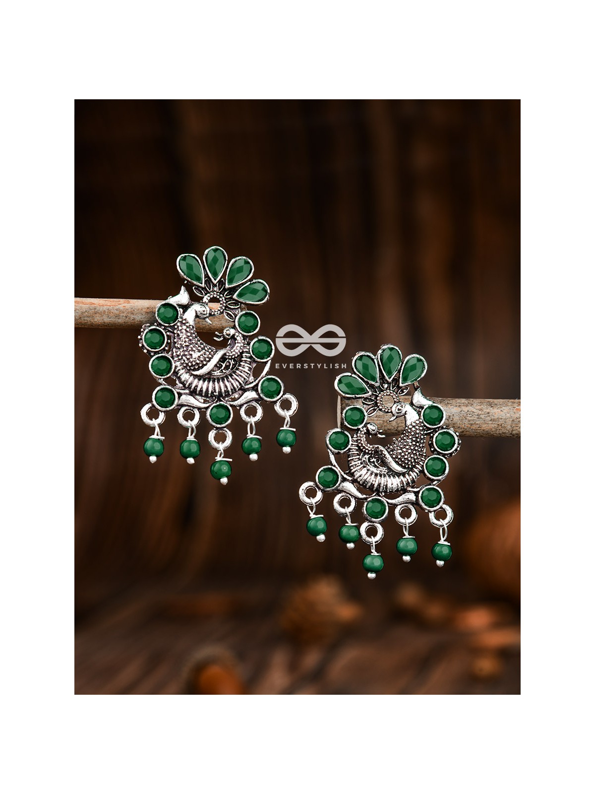 The Dangling Peacock Studs (Emerald Green) - Embellished Oxidised Collection