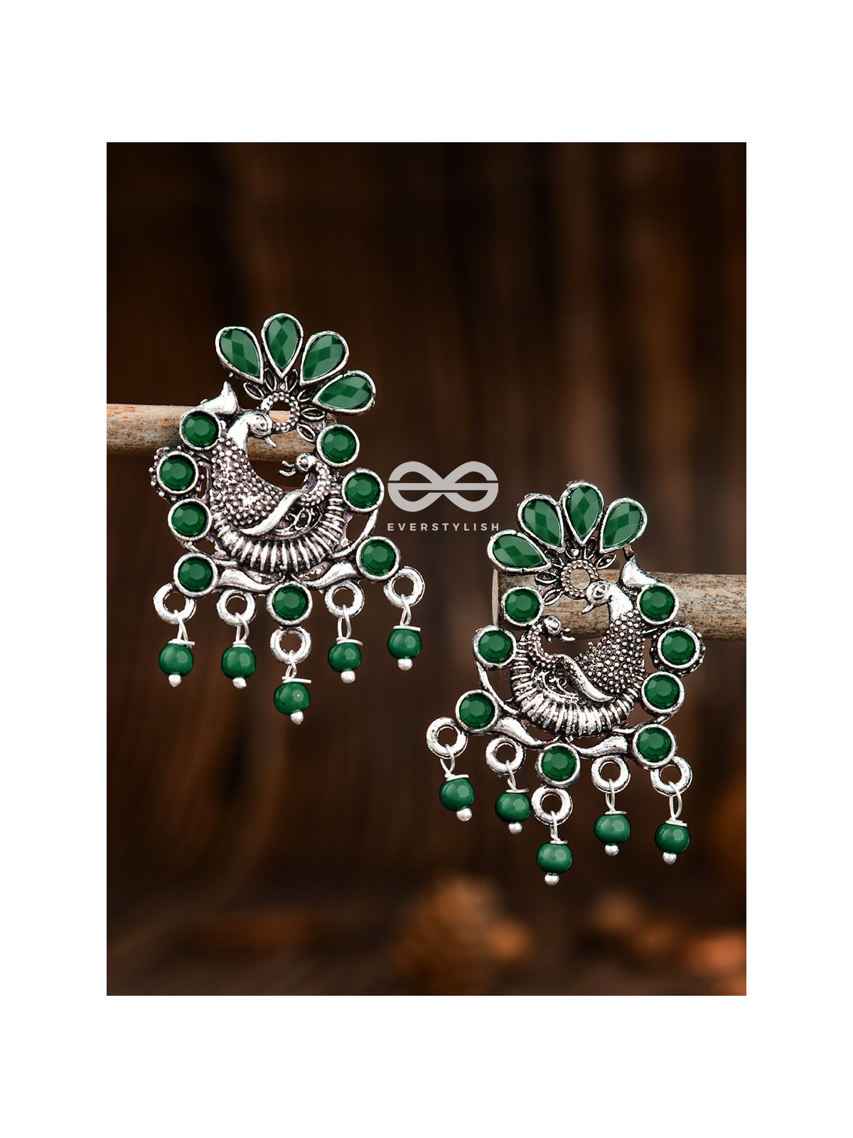 The Dangling Peacock Studs (Emerald Green) - Embellished Oxidised Collection