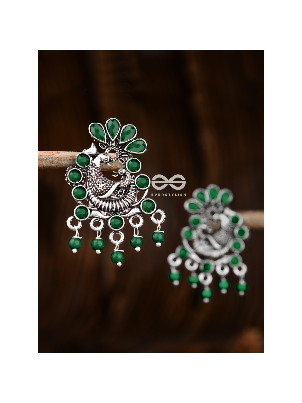 The Dangling Peacock Studs (Emerald Green) - Embellished Oxidised Collection