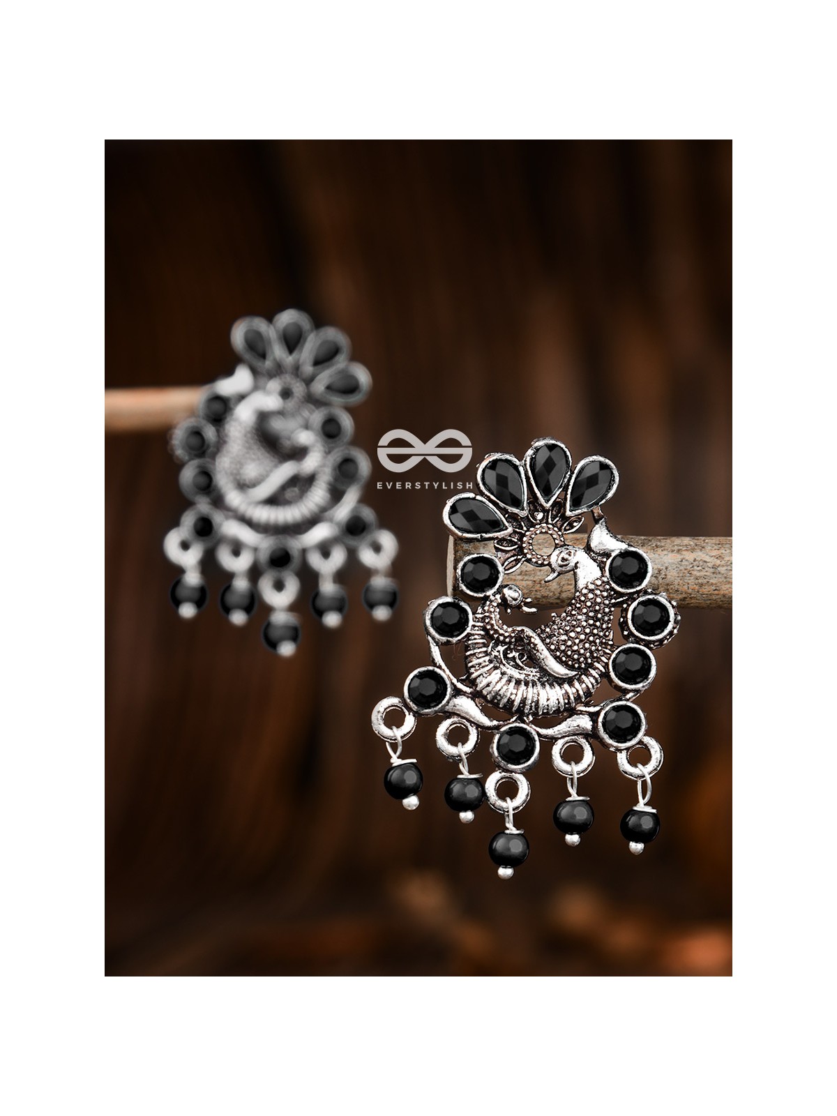 The Dangling Peacock Studs (Onyx Black) - Embellished Oxidised Collection