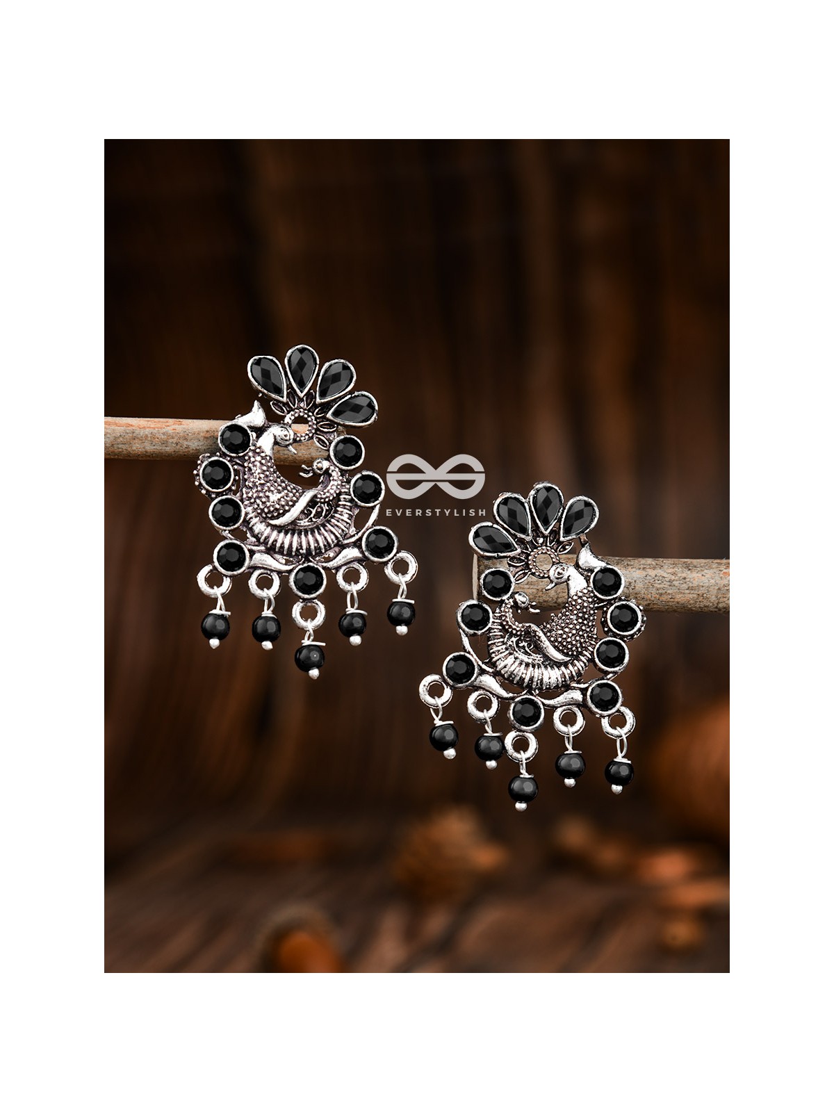 The Dangling Peacock Studs (Onyx Black) - Embellished Oxidised Collection