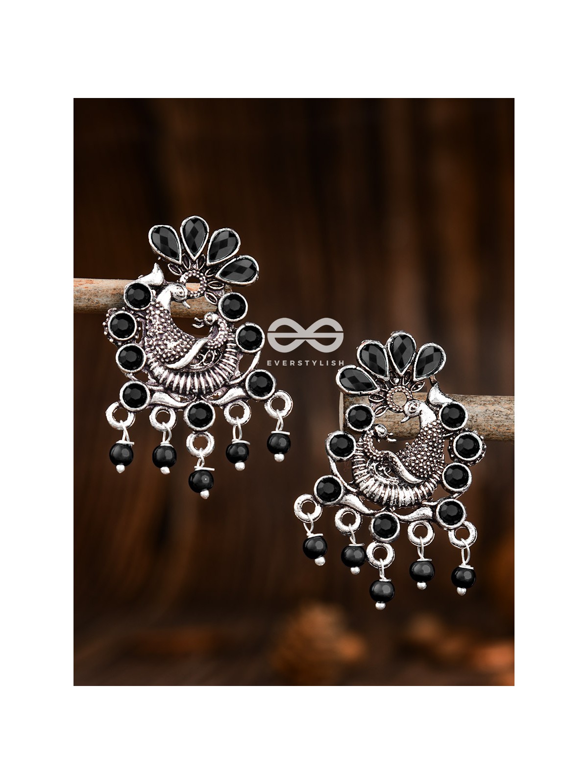 The Dangling Peacock Studs (Onyx Black) - Embellished Oxidised Collection