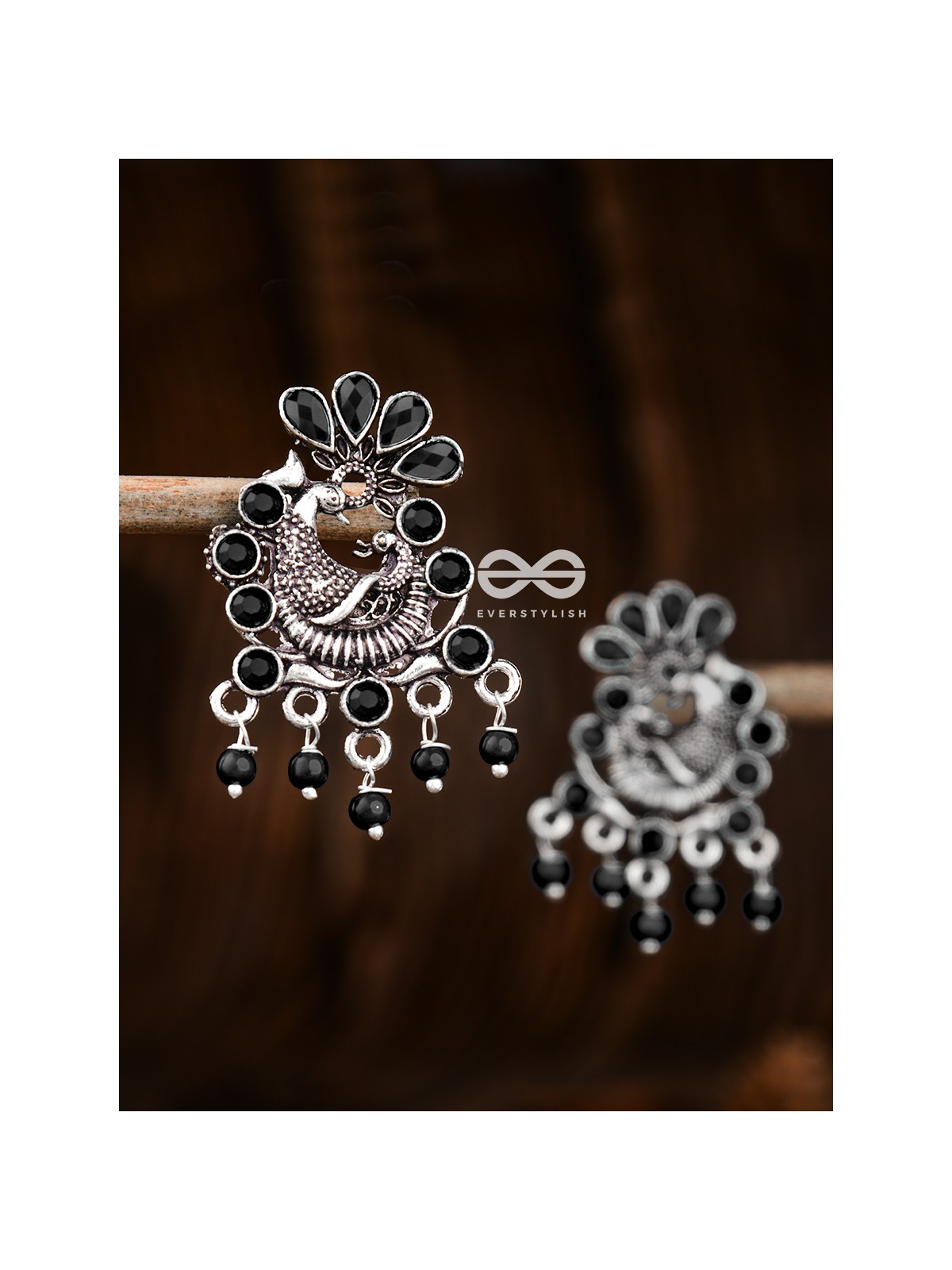 The Dangling Peacock Studs (Onyx Black) - Embellished Oxidised Collection