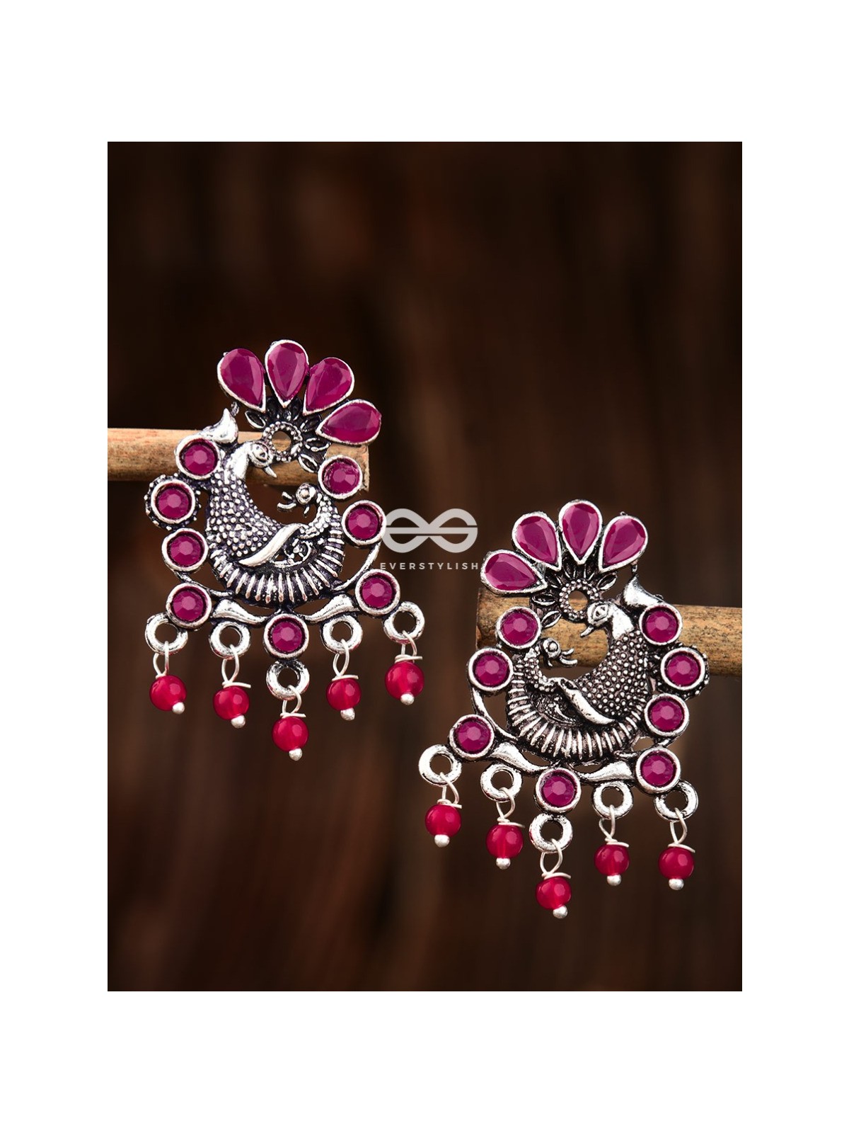 The Dangling Peacock Studs (Ruby Red) - Embellished Oxidised Collection