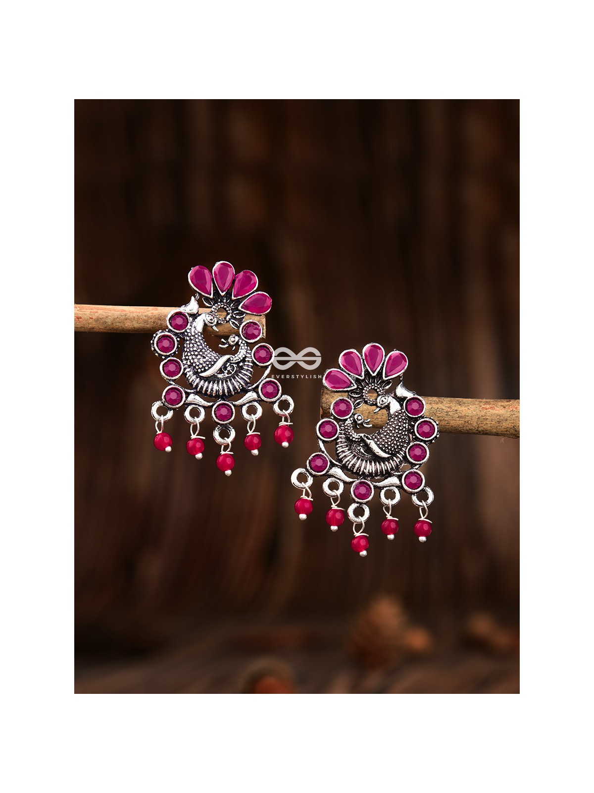 The Dangling Peacock Studs (Ruby Red) - Embellished Oxidised Collection