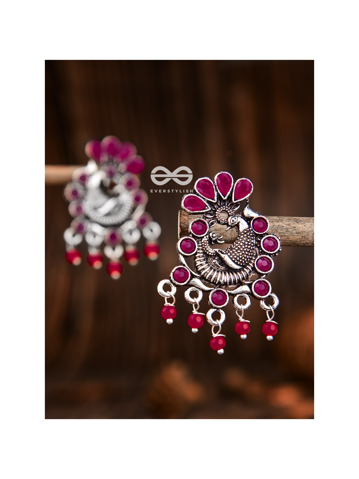 The Dangling Peacock Studs (Ruby Red) - Embellished Oxidised Collection