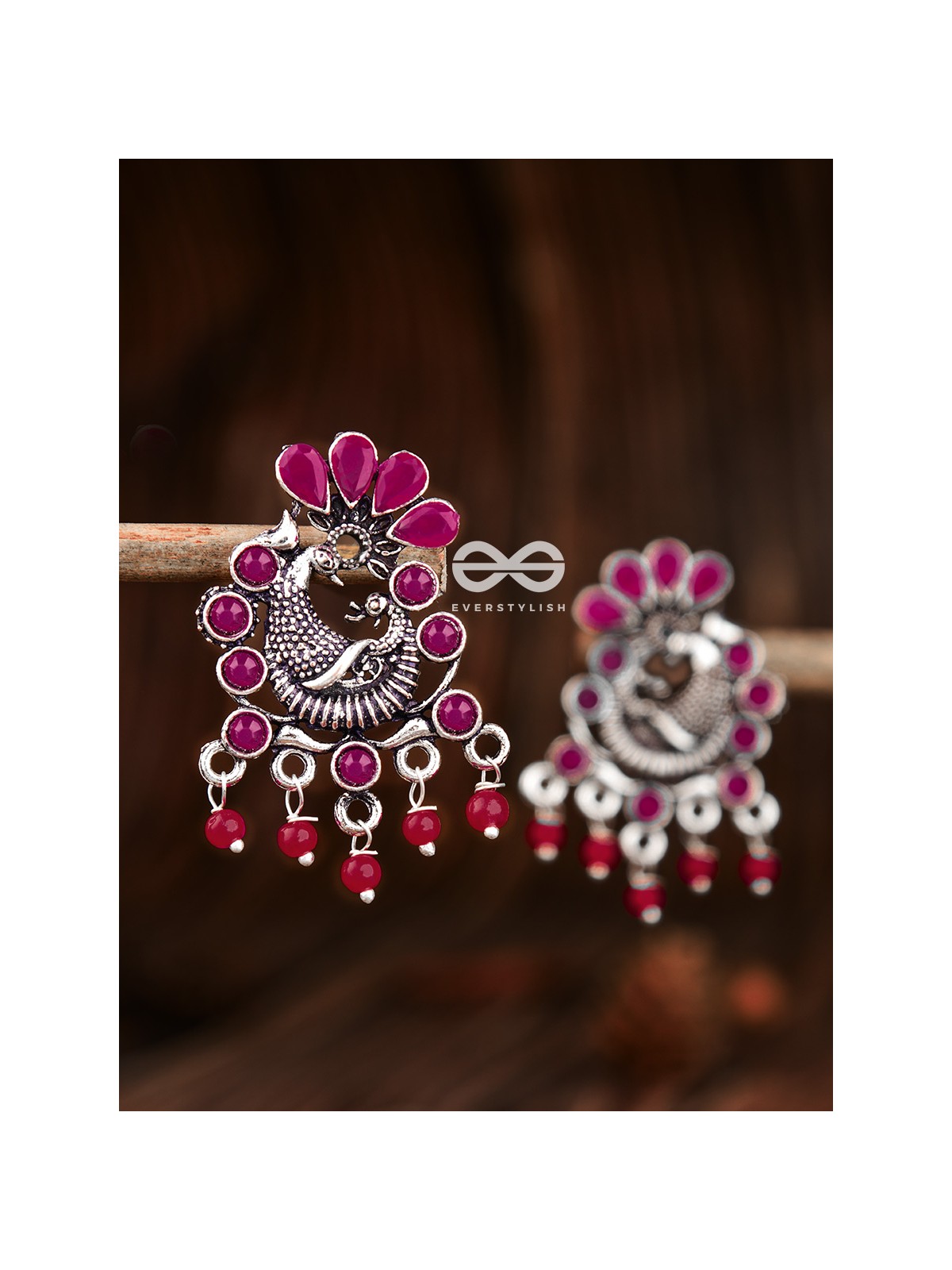 The Dangling Peacock Studs (Ruby Red) - Embellished Oxidised Collection