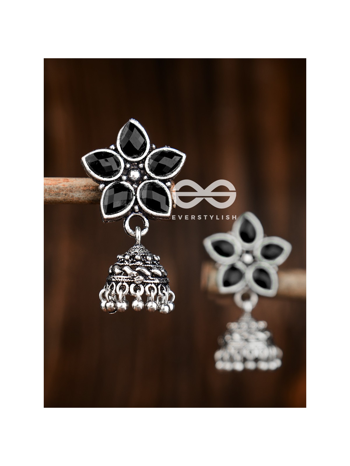 The Glimmering Floral Little Jhumkis (Onyx Black) - The Embellished Oxidised Collection