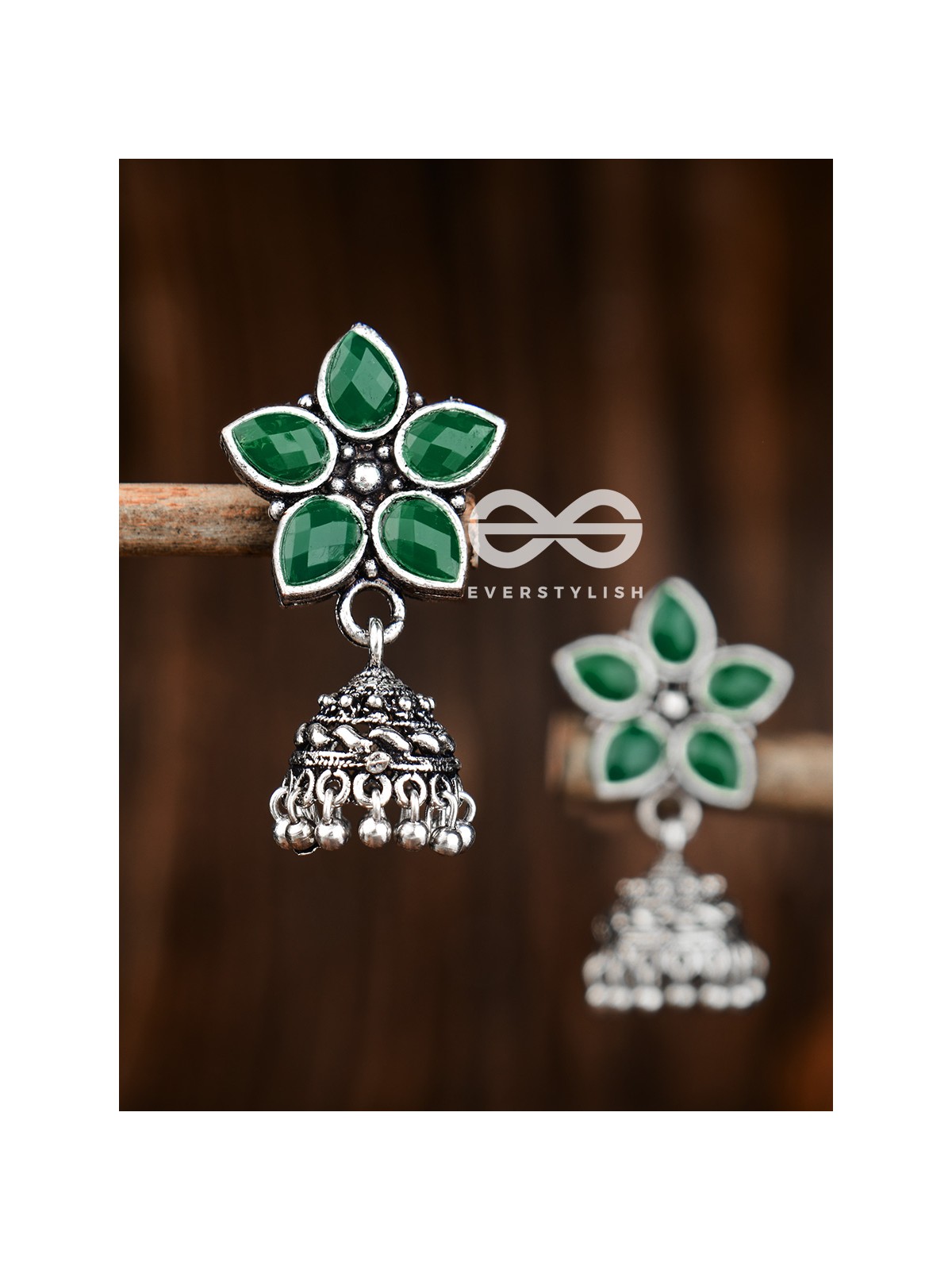 The Glimmering Floral Little Jhumkis (Emerald Green) - The Embellished Oxidised Collection