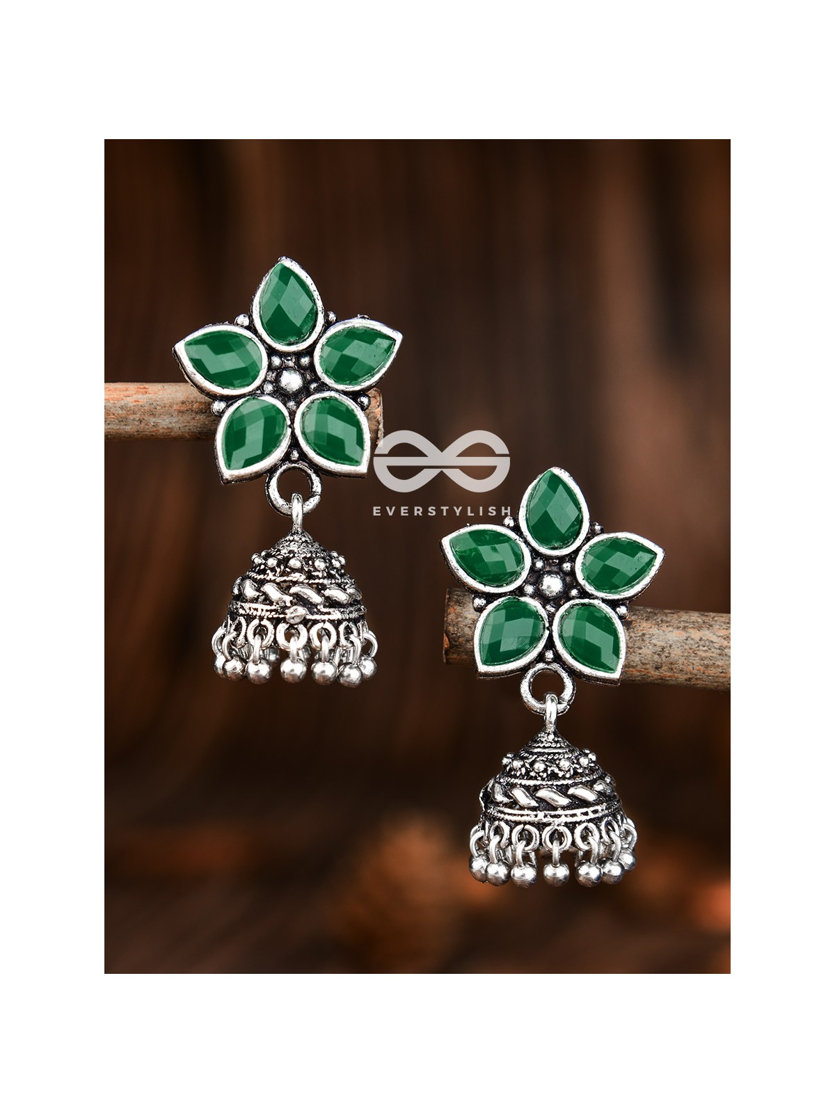 The Glimmering Floral Little Jhumkis (Emerald Green) - The Embellished Oxidised Collection