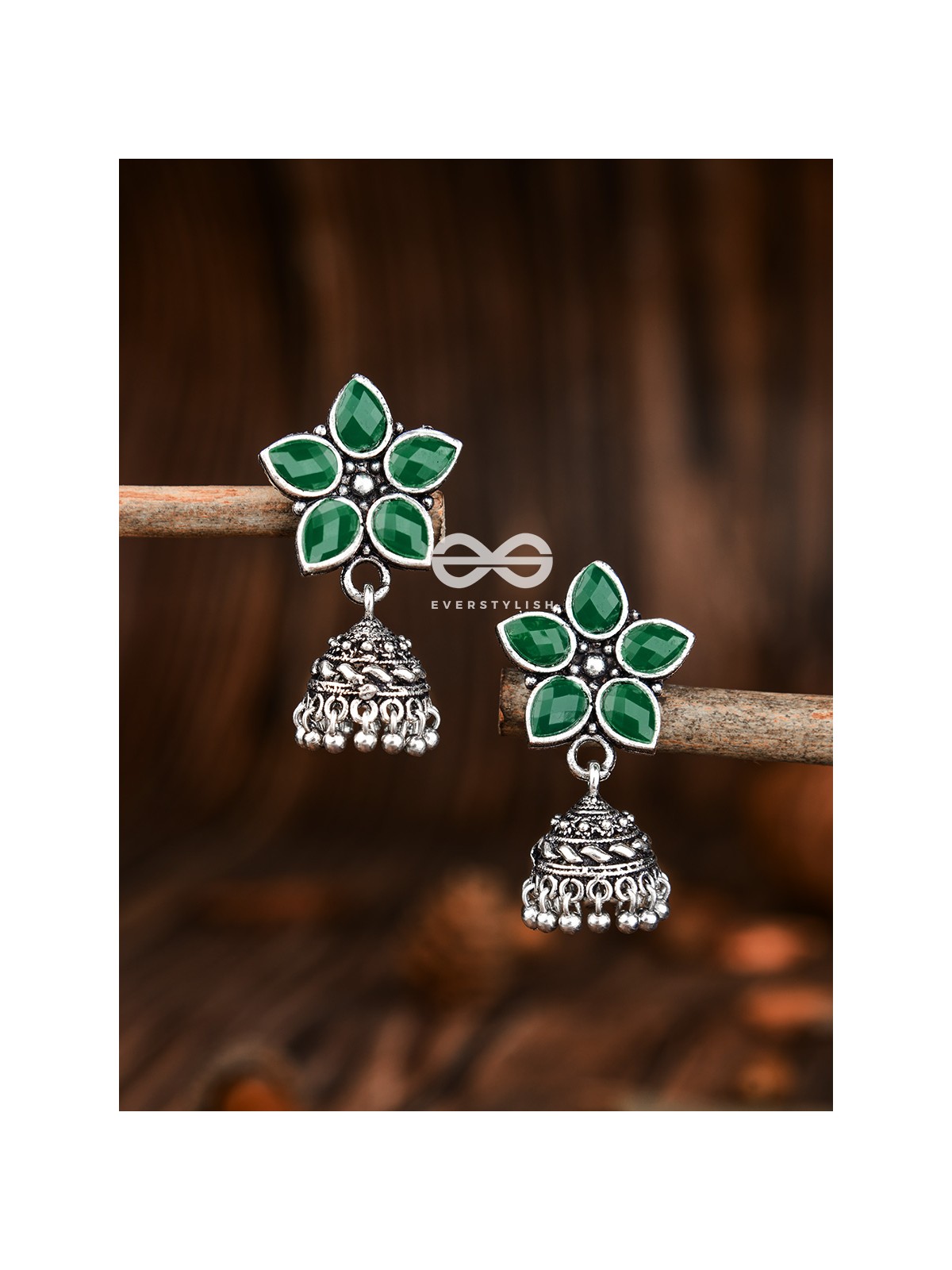 The Glimmering Floral Little Jhumkis (Emerald Green) - The Embellished Oxidised Collection