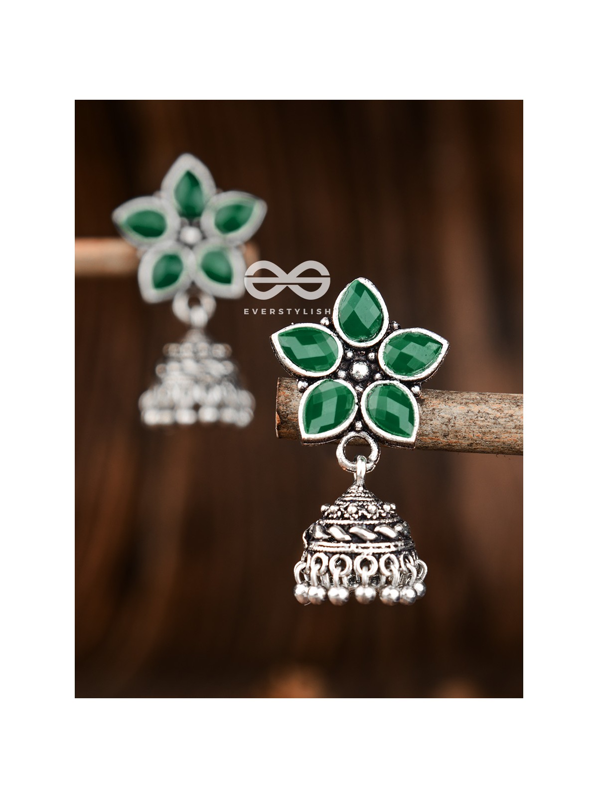The Glimmering Floral Little Jhumkis (Emerald Green) - The Embellished Oxidised Collection