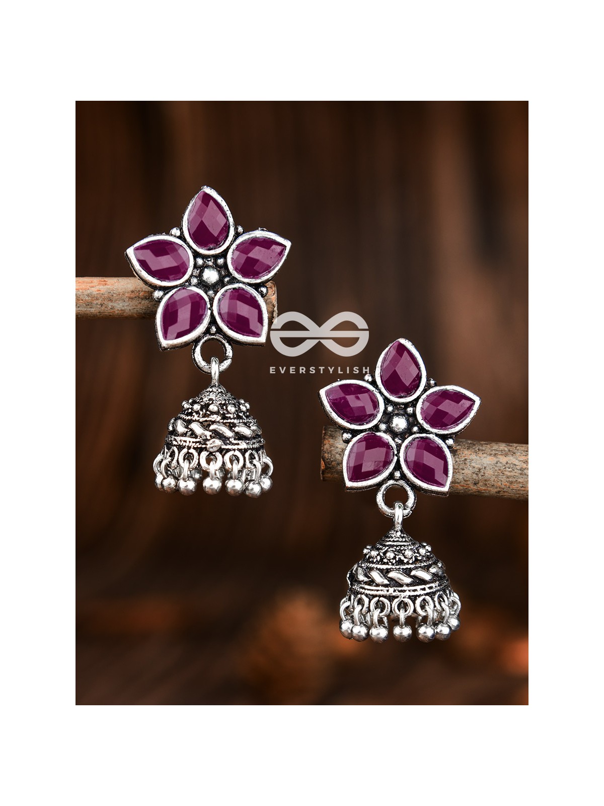 The Glimmering Floral Little Jhumkis (Ruby Red) - The Embellished Oxidised Collection