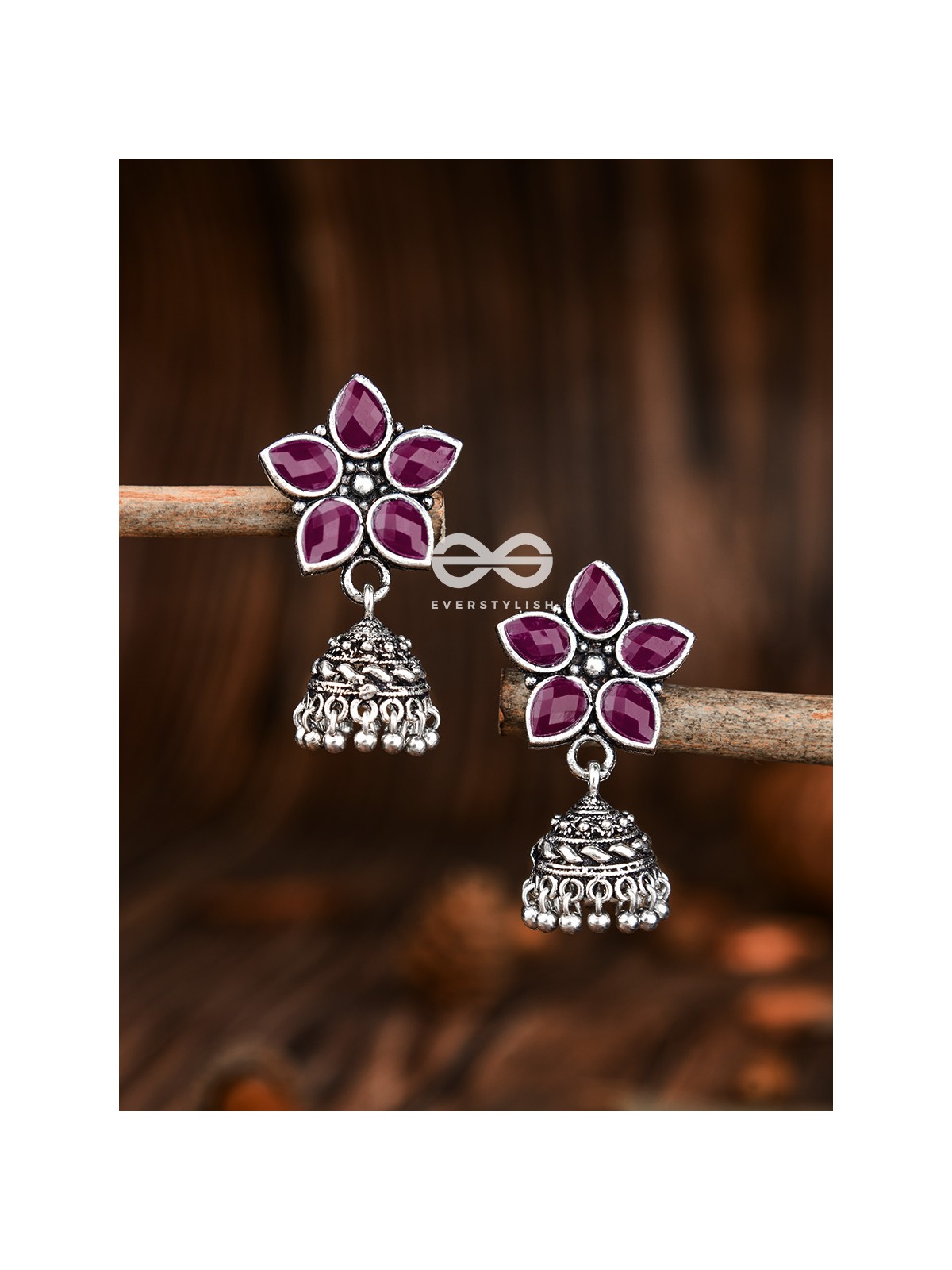 The Glimmering Floral Little Jhumkis (Ruby Red) - The Embellished Oxidised Collection